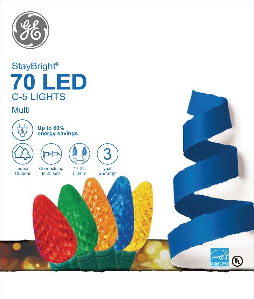 GE Staybright LED C5 Multi-Color Christmas Lights, 70 Count