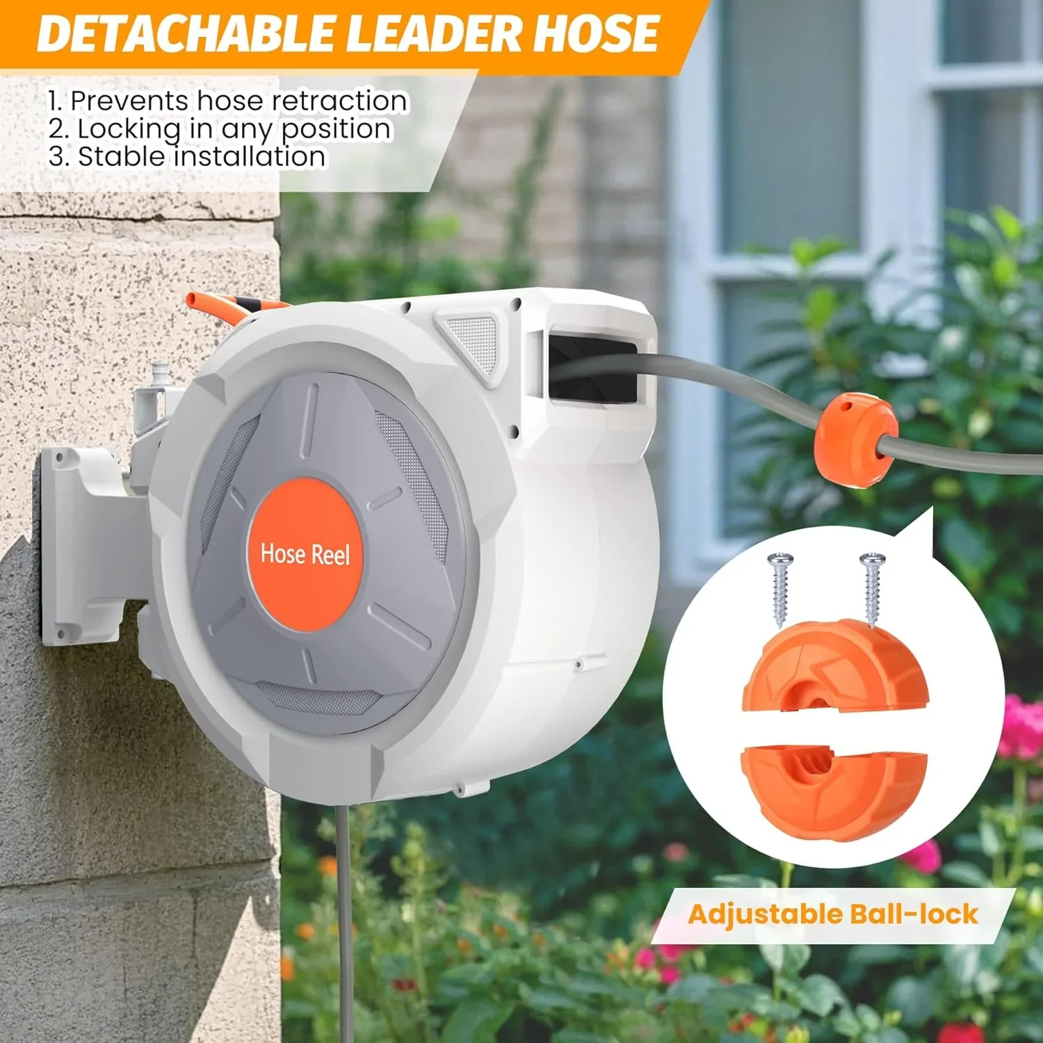 Auto-Retract Wall-Mounted Garden Hose Reel w/9-Pattern Nozzle, 180�� Swivel & Any-Length Lock, 600PSI Durable