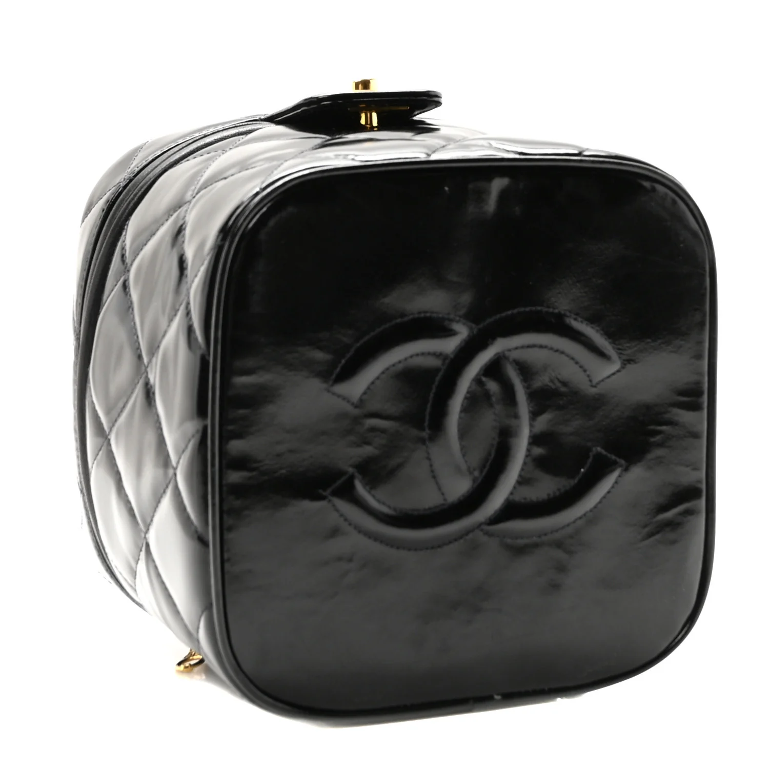 Patent Quilted Top Handle Vanity Case Black