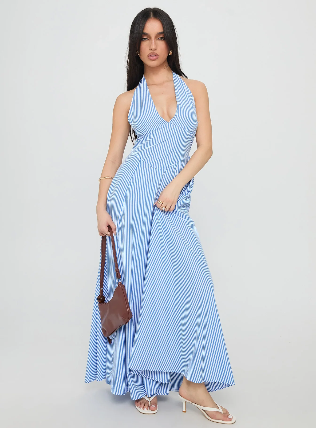 Ivie Halter Plunge Maxi Dress Blue Stripe