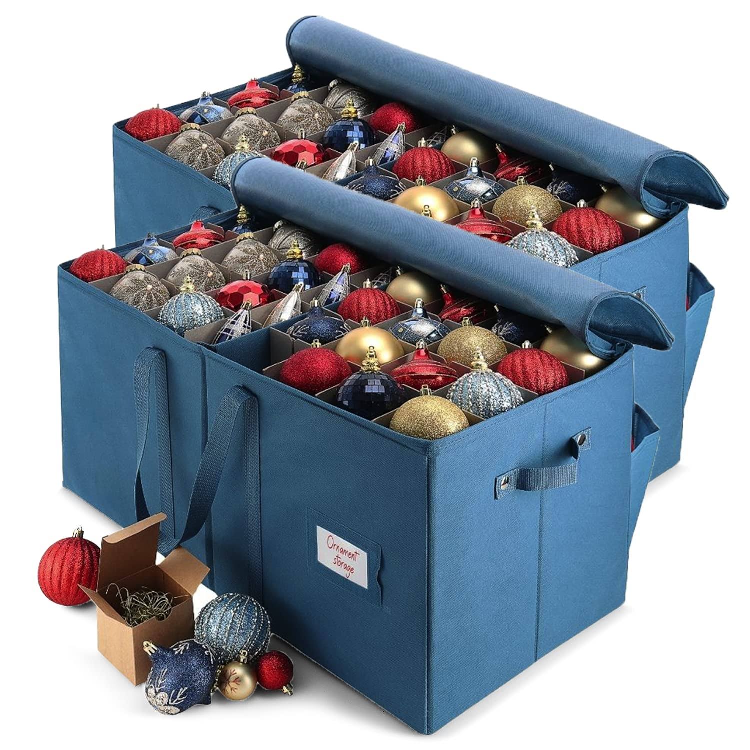 Hearth & Harbor Large Christmas Ornament Storage Box with Adjustable Dividers - Ornament Storage Container for 128 Holiday Ornaments or Decorations