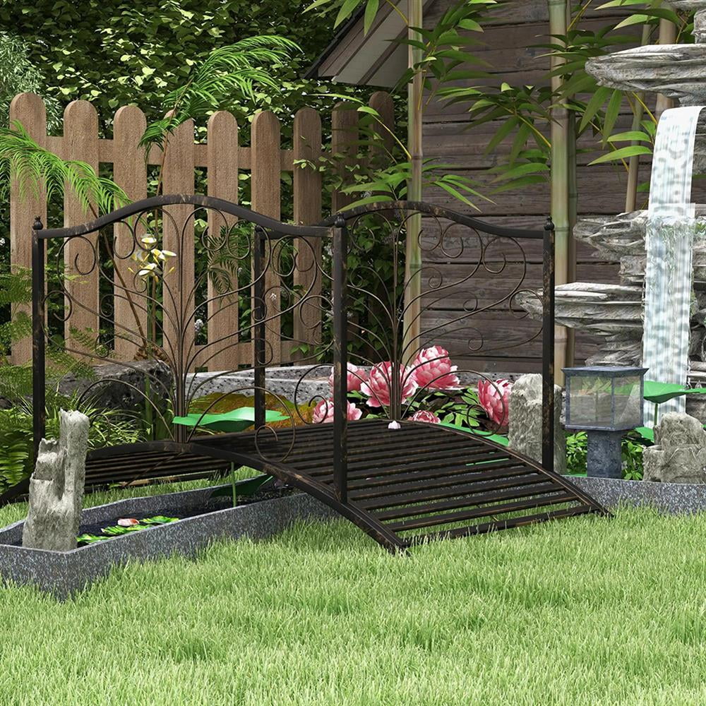 Aimee Lii 4�� Metal Arch Backyard Garden Bridge with Safety Siderails, Delicate Scrollwork, Easy Assembly, Outdoor Garden Bridge, Black Bronze