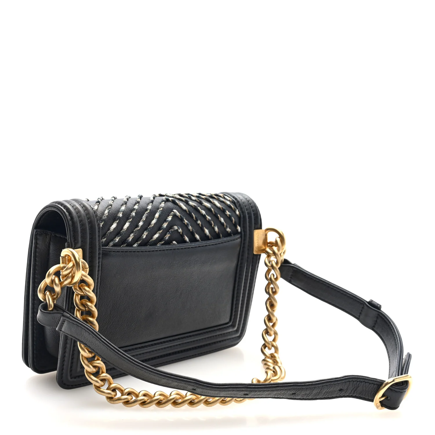 Calfskin Chevron Embroidered Boy By The Sea Flap Waist Belt Bag Black