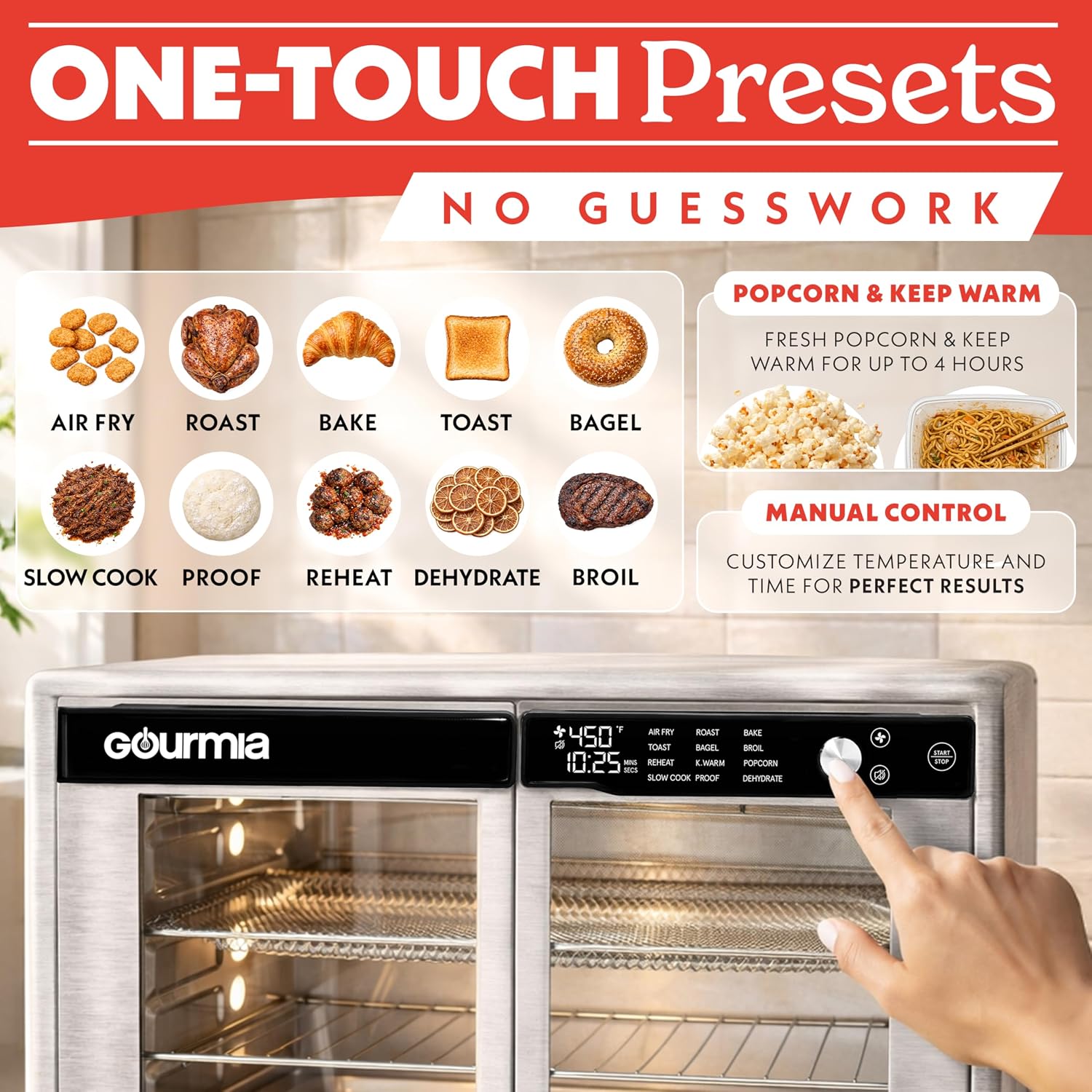 Gourmia French Door Air Fryer Oven - 37 Qt Large Capacity Convection Toaster Oven, FryForce 360 ° Digital Display, 12 Cooking Presets, Dehydrate, Fits 13” Pizza, Dishwasher-Safe, Stainless Steel