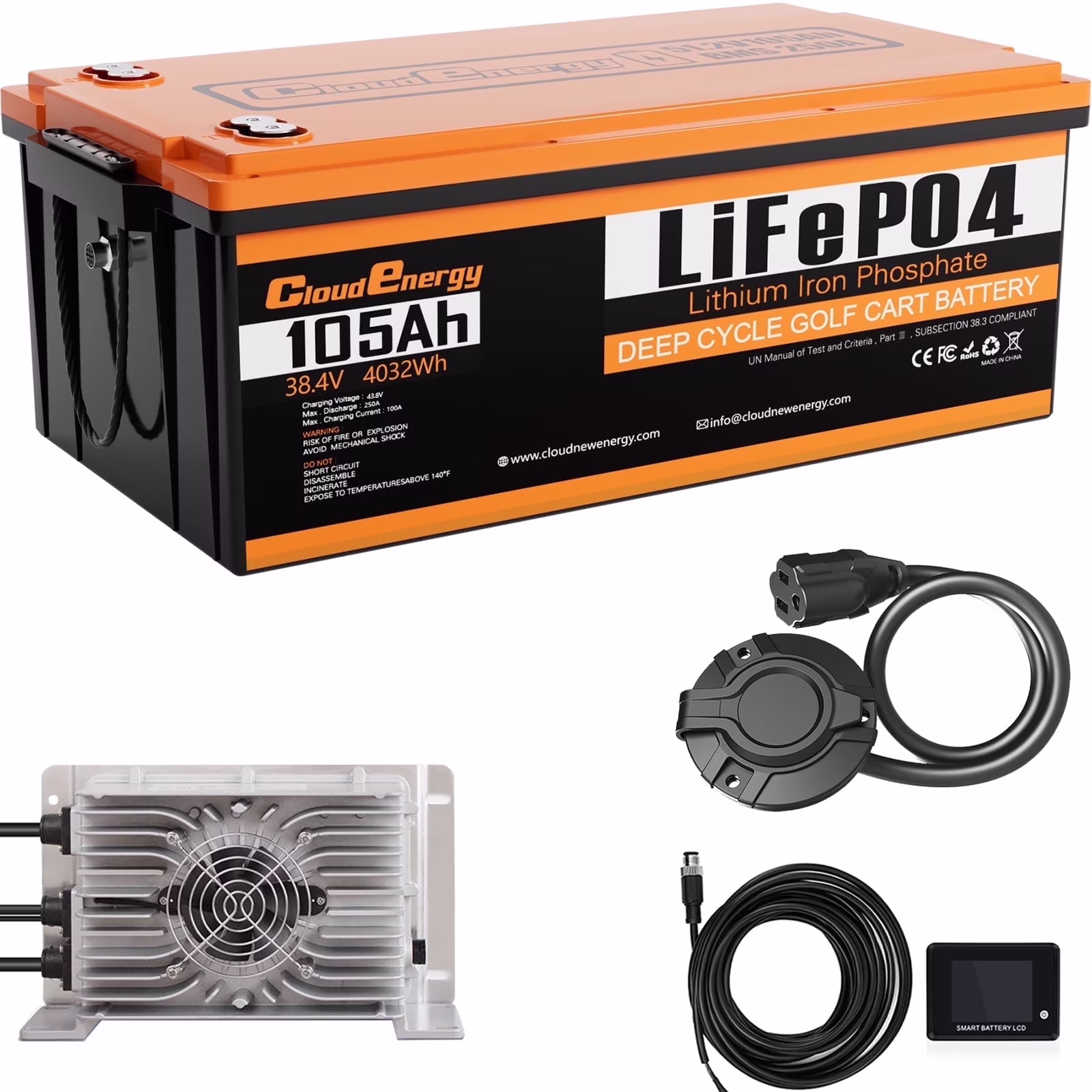 36V(38.4V) 105Ah LiFePO4 Golf Cart Battery Built-in 250A Bluetooth BMS,with 20A Charger,Touch Monitor,6000+ Cycles,Perfect for Golf Carts,Trolling Motor