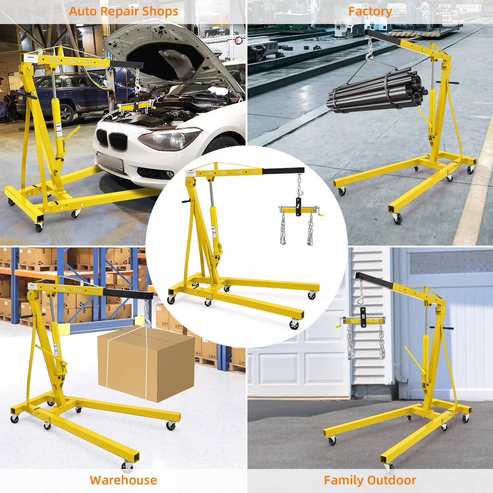 Hydraulic Engine Hoist,4400lbs Max Weight,Folding Engine Lift Shop Crane with Lever and 6 Steel Caster Wheels,Yellow(yellow) - Image 9