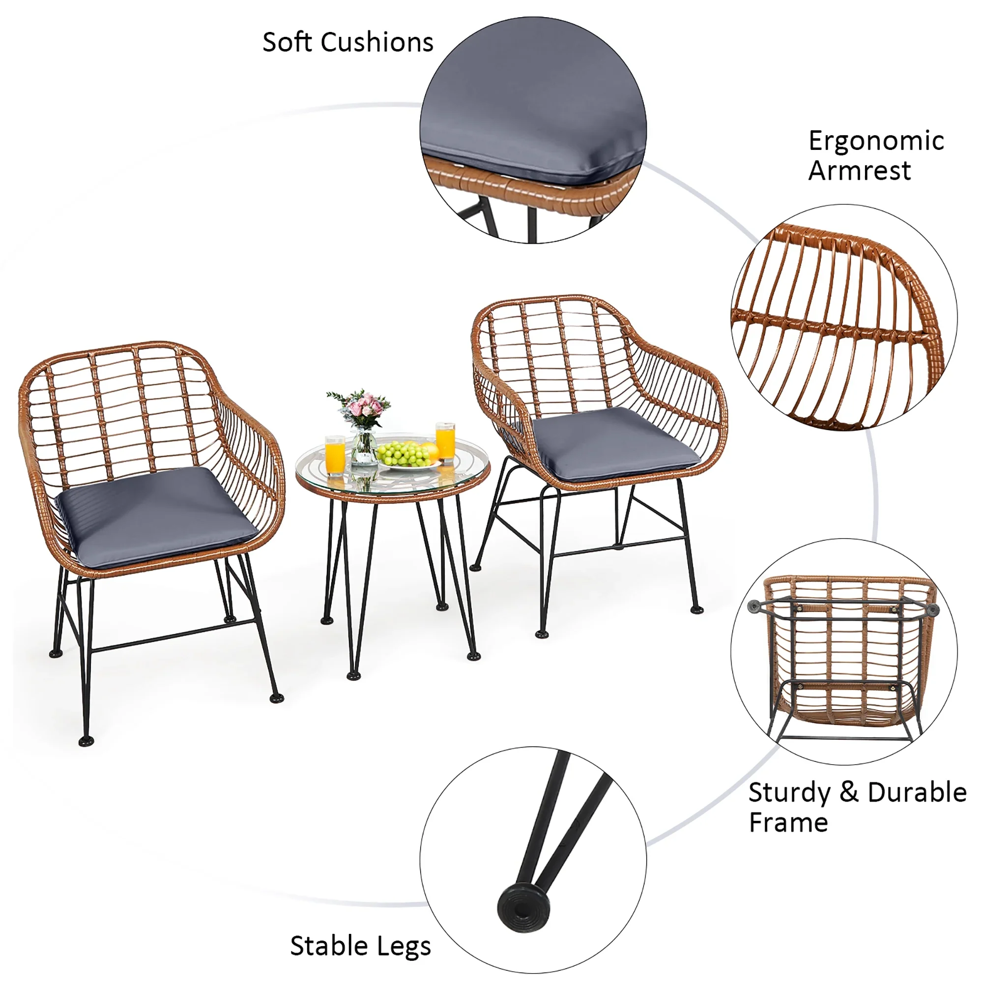 Costway 3PCS Patio Rattan Bistro Set Coffee Table Armchair Garden Red Cushion
