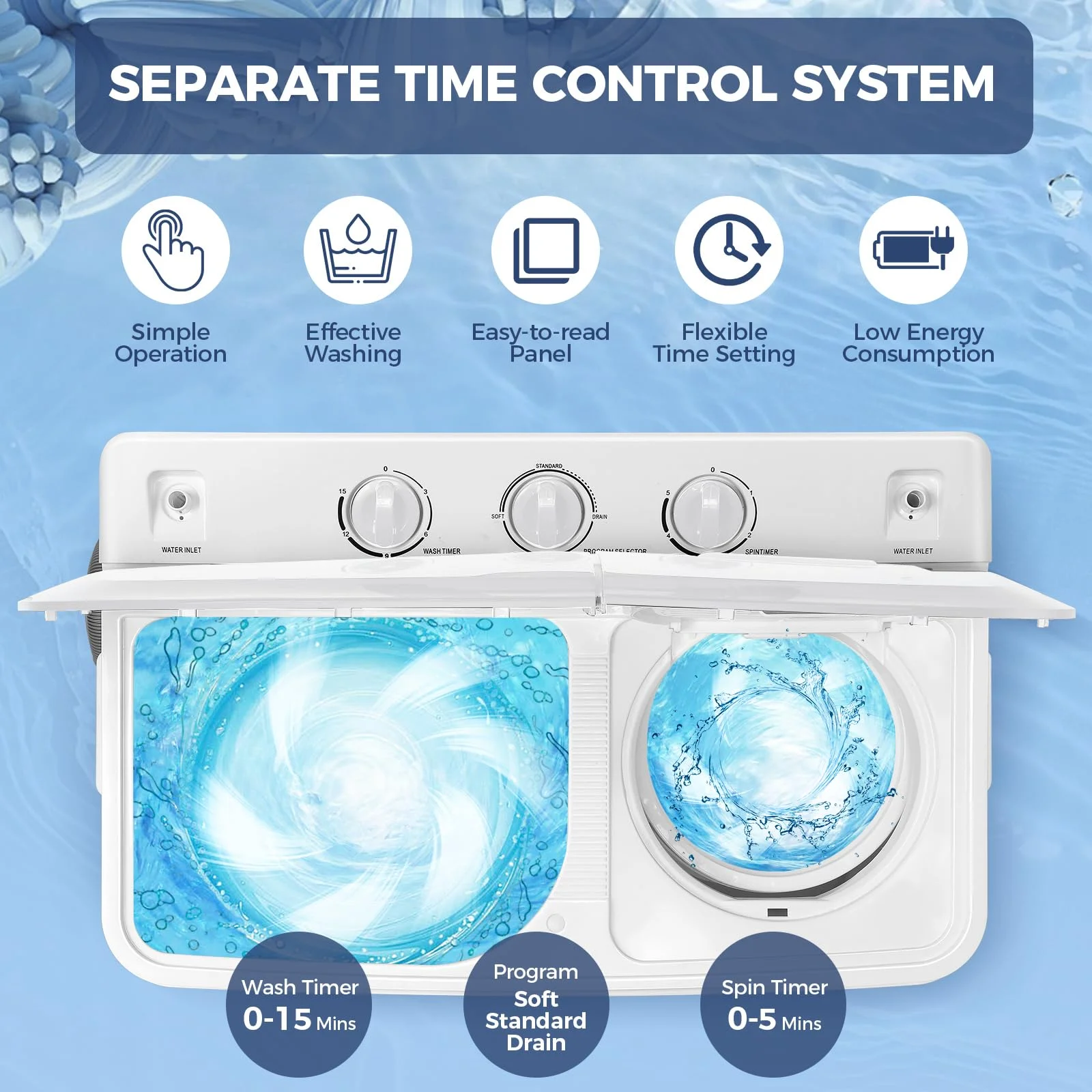 Portable Washing Machine, 30LBS Twin Tub Mini Compact Laundry 19lbs Washer/11lbs Spinner with Drain Pump Time Control Washer Spinner Combo, White(30LBS White) Image 4
