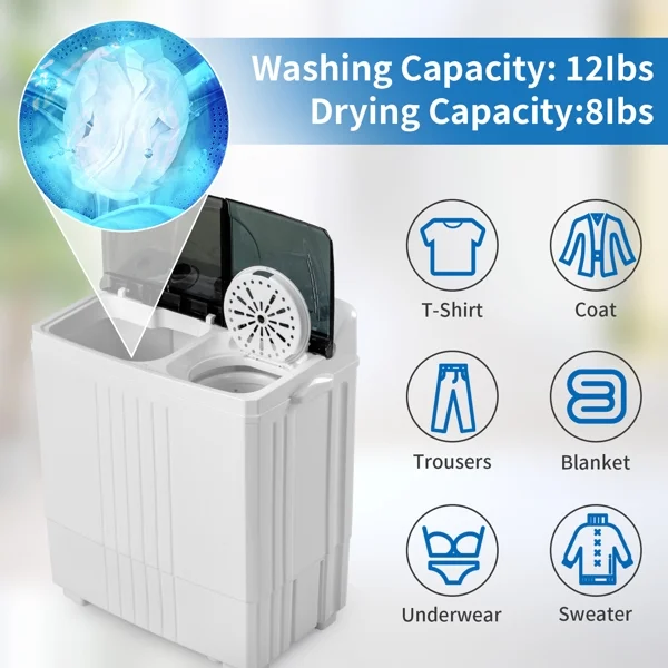 20Lb Twin Tub Washing Machine w/ Built-In Pump Semi-Automatic 1300RPM Compact Washer for Apartment, Dorm, RV, Camping, White/Black - Image 9