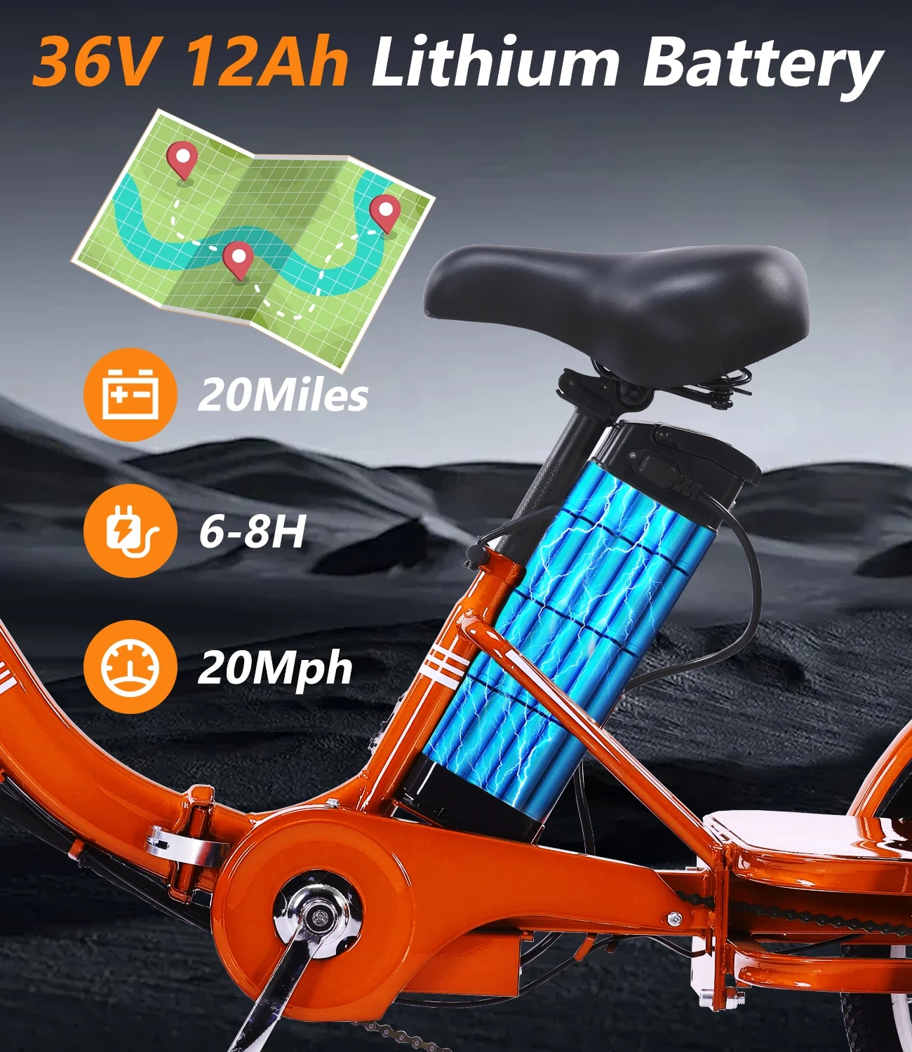 Electric Tricycle for Adults Folding Electric Trike 3 Wheel Electric Trike with Two-seater Large Basket Super Powerful Brushless 350W Motor 48V13AH Lithium Battery Max 20MPH E-Tricycle Orange - Image 6