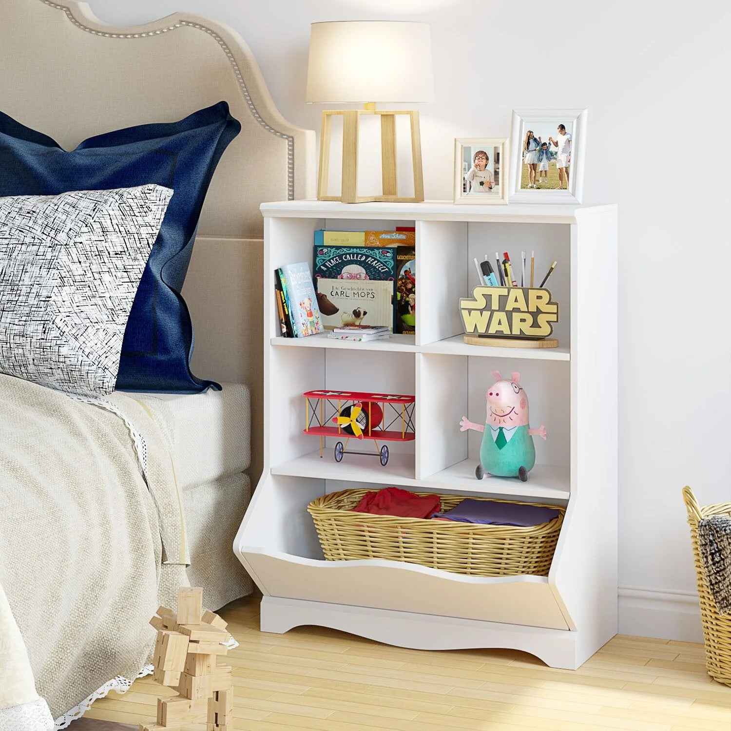 Kid's Cubby Toy Storage Cabinet, Wood Toy Organizer of 5 Bins, Children's White Bookcase, Toy Chest for Bedroom Living Room - Image 5