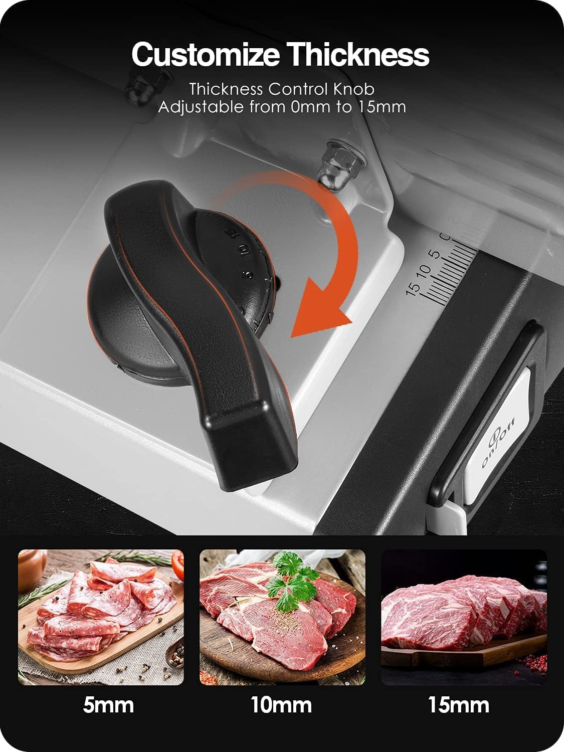 Electric Meat Slicer, Removable 7.5” Stainless Steel Blade and Food Carriage, Child Lock Protection, Adjustable Thickness 0–15mm, Deli Food Slicer for Meat, Cheese, Bread, 150W
