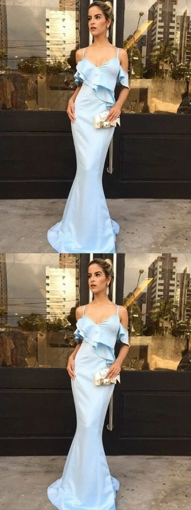 Mermaid Spaghetti Straps Light Blue Satin Long Prom Dress with Ruffles DMF6