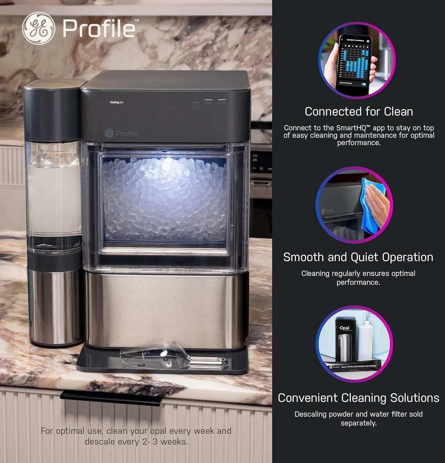 Machine à glaçons GE Profile Opal 2.0 XL avec réservoir de 3,8 litres (1 gallon) et glaçons en pépites croquantes à croquer.