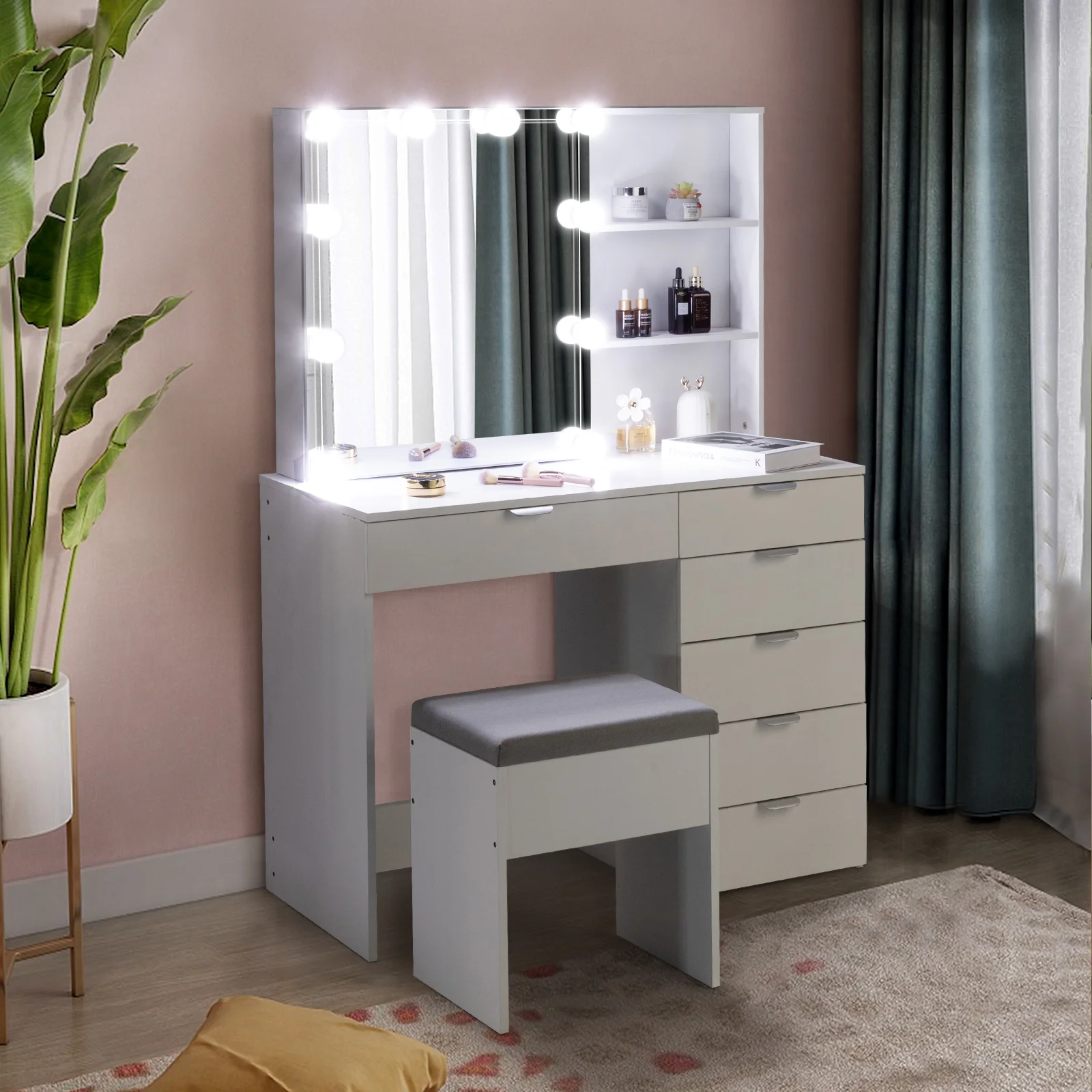 Vanity Set with 3 Color Lighted Mirror, Makeup Table with 6 Drawers, Dressing Table Makeup Desk with Stool,White(White) - Image 7
