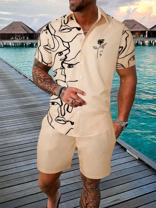 Ensemble chemise à manches courtes à imprimé hawaïen pour homme Suitmens 005