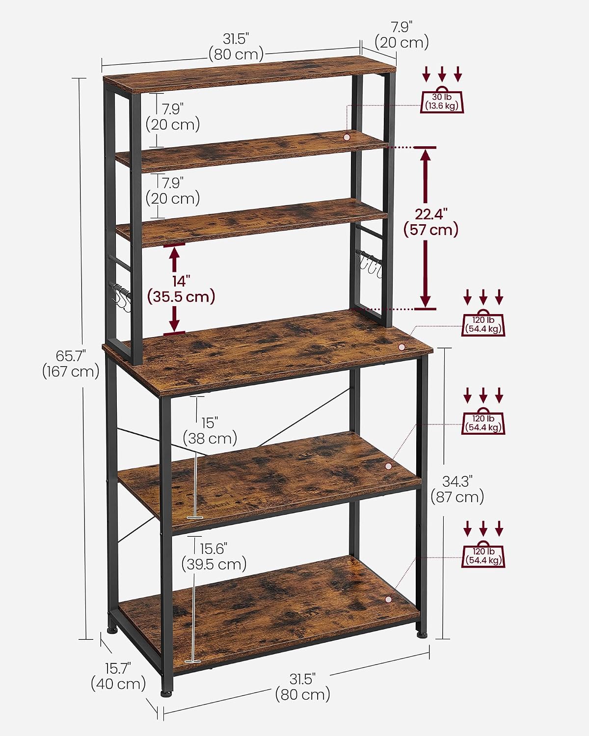 VASAGLE Coffee Bar, 31.5 Inches 6-Tier Baker's Rack with 6 Hooks