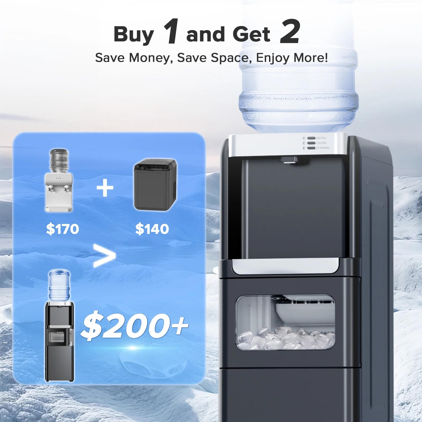 2-5 Gallon Water Dispenser 6-Min Ice Maker, 3-in-1 Hot/Cold/Ice, Child Lock Energy-efficient, for Home/Office, Black(Black) - Image 2