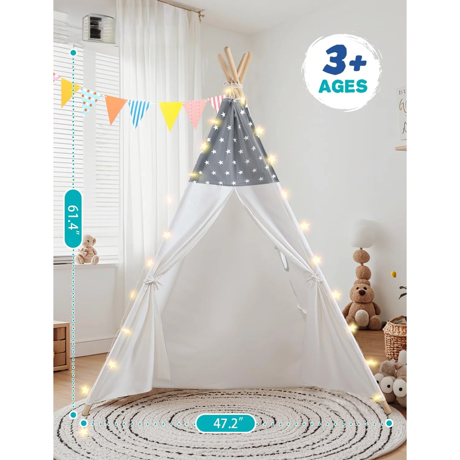 Teepee Tent for Kids Slumber Party - 100% Cotton Foldable Kids Tent Indoor with Light & Flag Play House Outdoor - Toddler Tipi Playroom for Girls Gift Toys - Tee Pee Tents(Stars Design) Grey Teepee