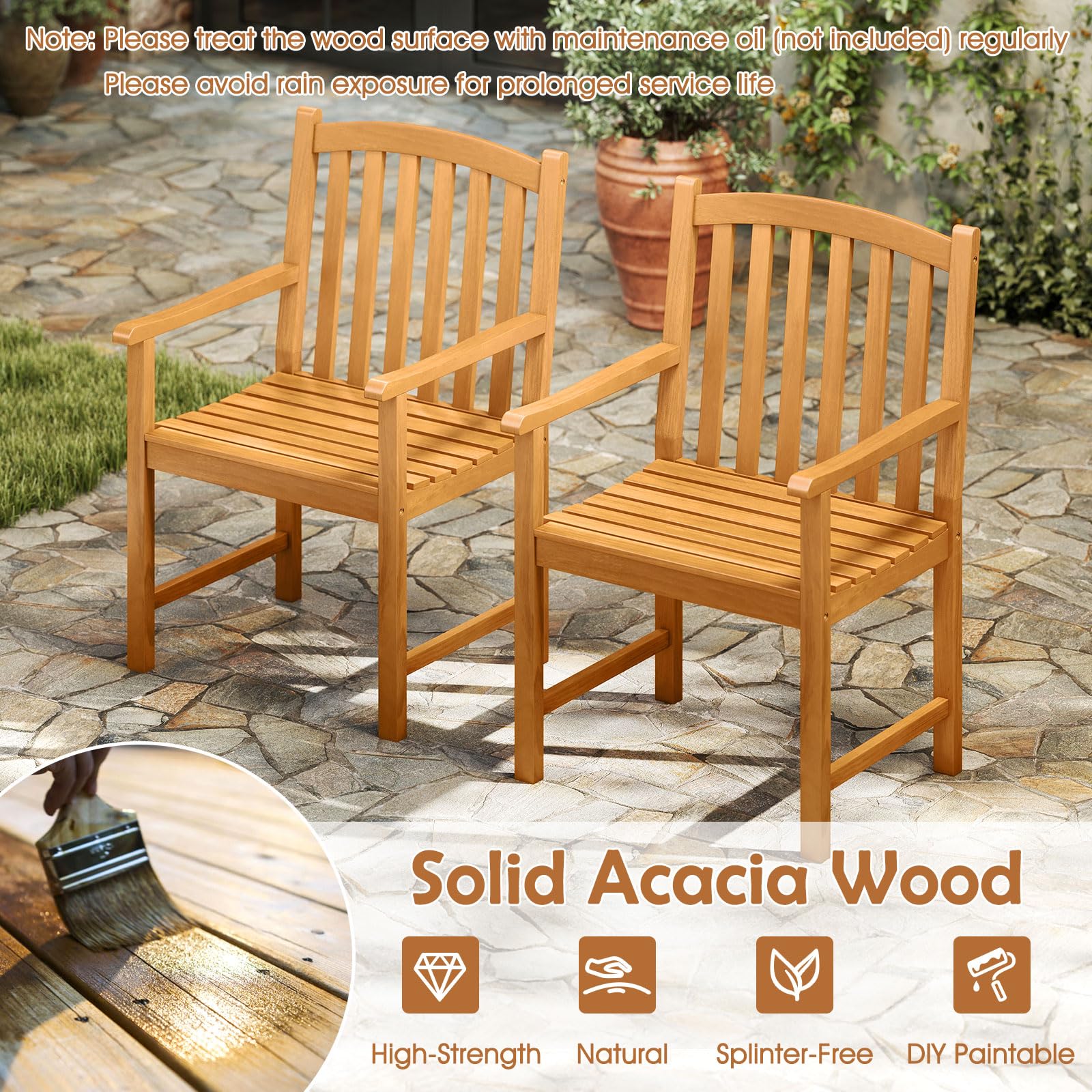 Tangkula Patio Rectangular Table with Umbrella Hole and 8 Solid Acacia Armchairs