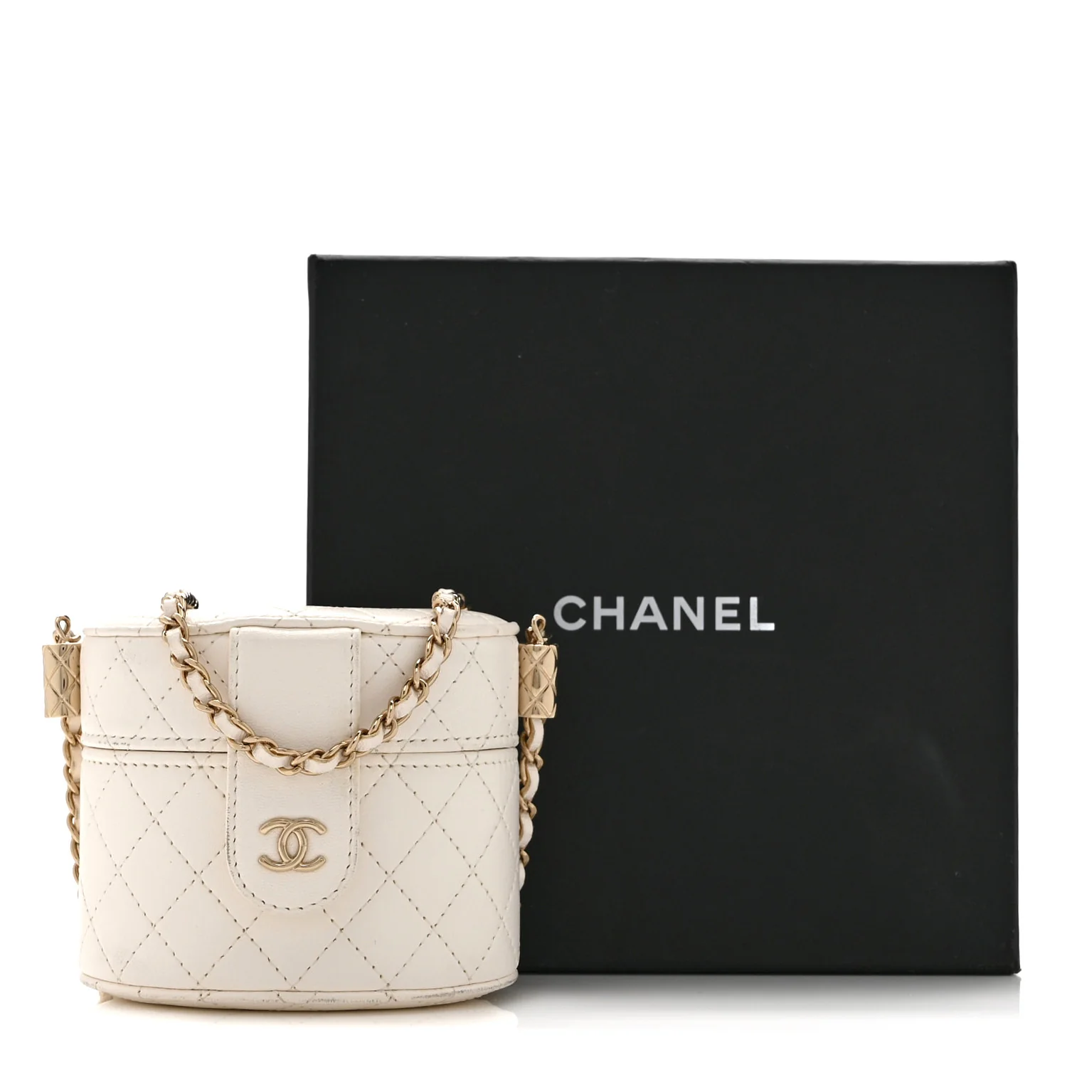 Lambskin Quilted Round Mini Vanity Case With Chain Case With Chain White