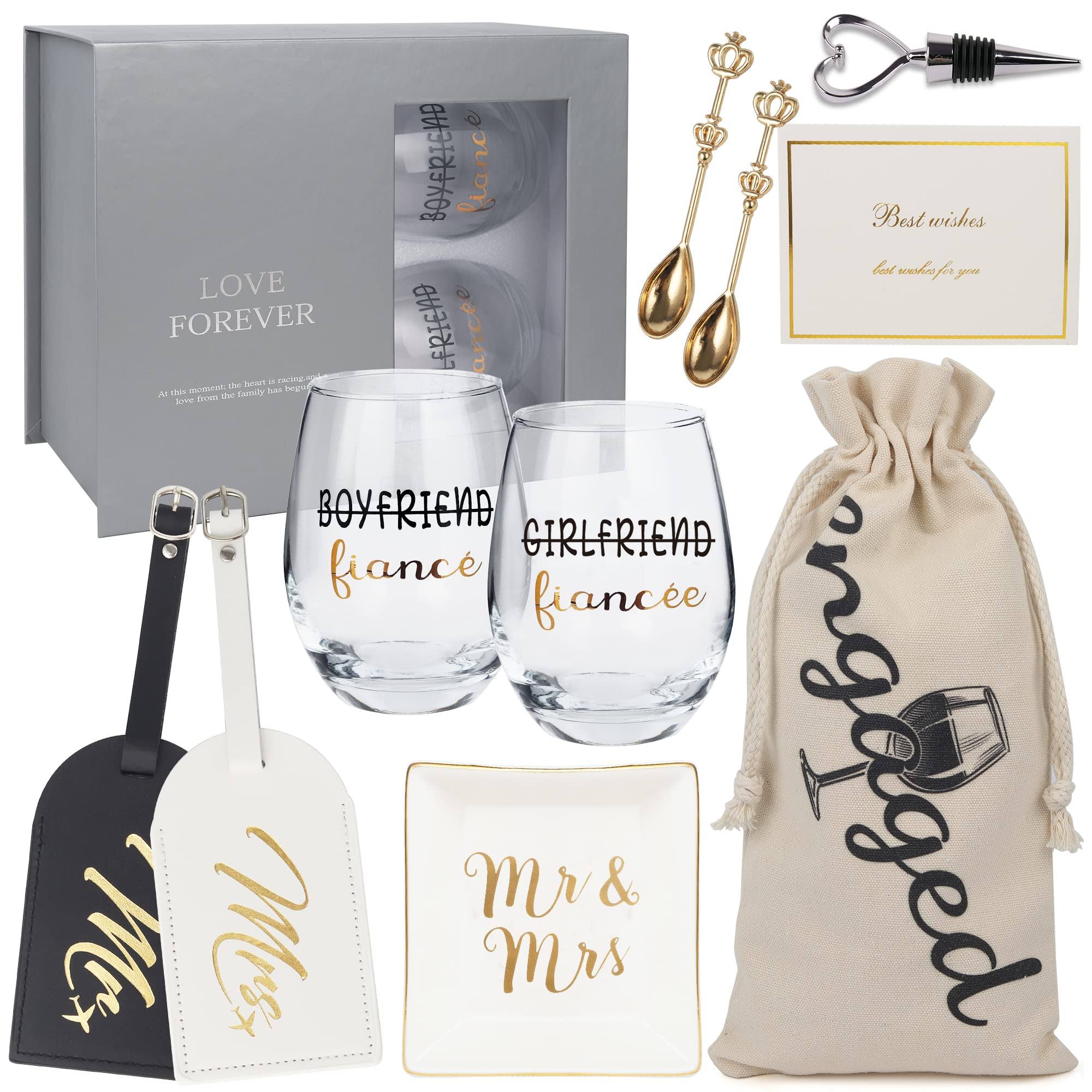 Engagement Gifts for Couples - Unique Bridal Shower Gift Box Wine Glasses Kit Honeymoon Engaged Gift for Him and Her - Personalized Wedding Gifts