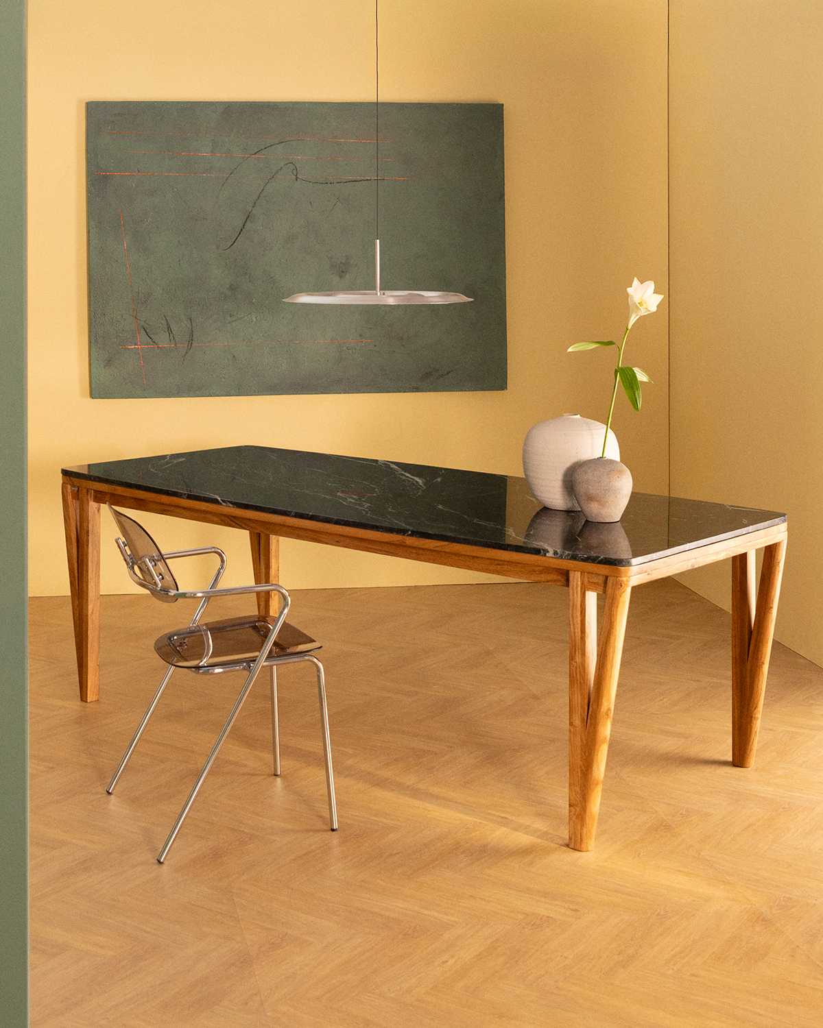 Mundy - Mesa de Comedor Rectangular de Mármol y Madera de Acacia (220x100 cm) Mundy