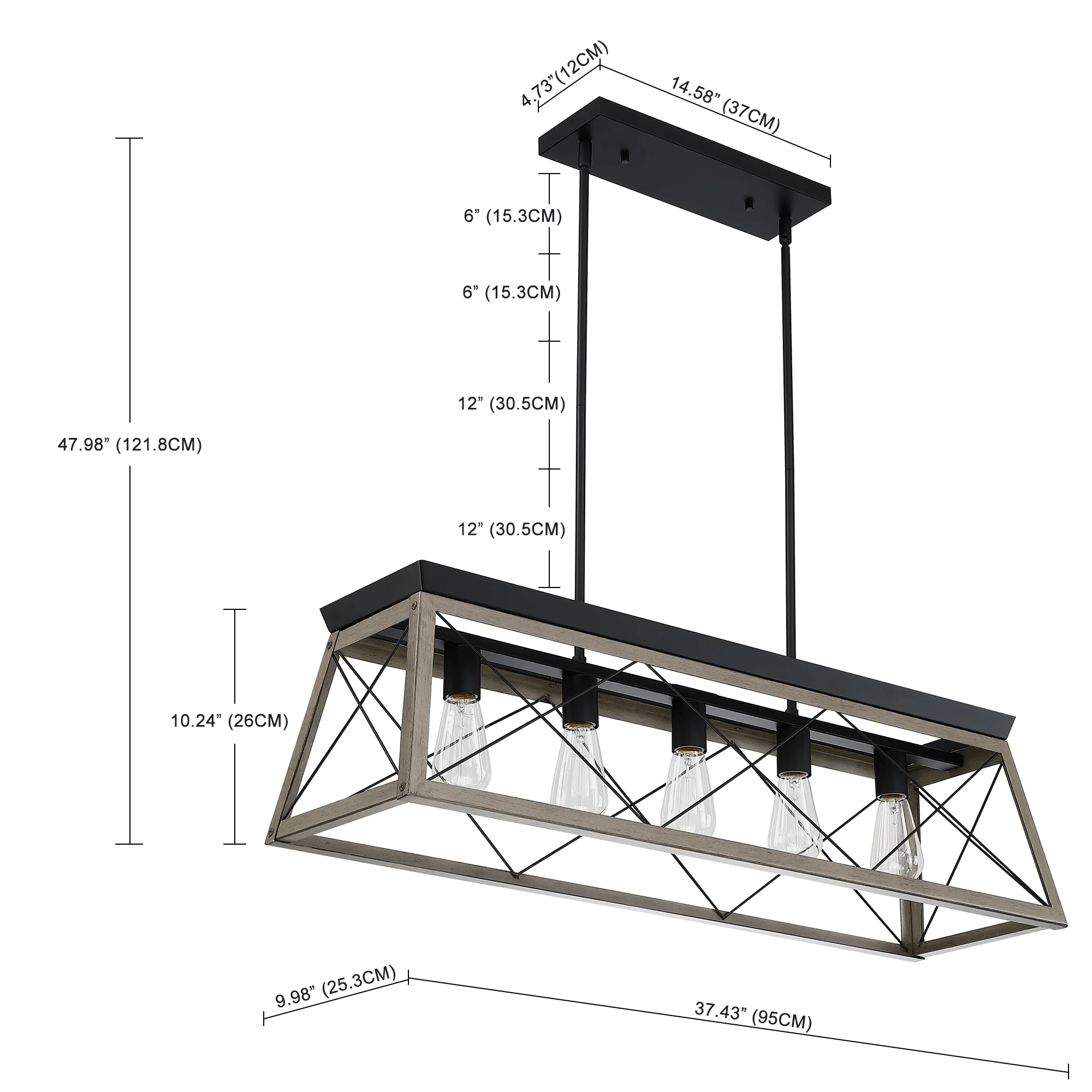 5-Light Farmhouse Matte Black Chandelier Industrial Pendant Lighting for Kitchen Island for Dining Room, Living Room
