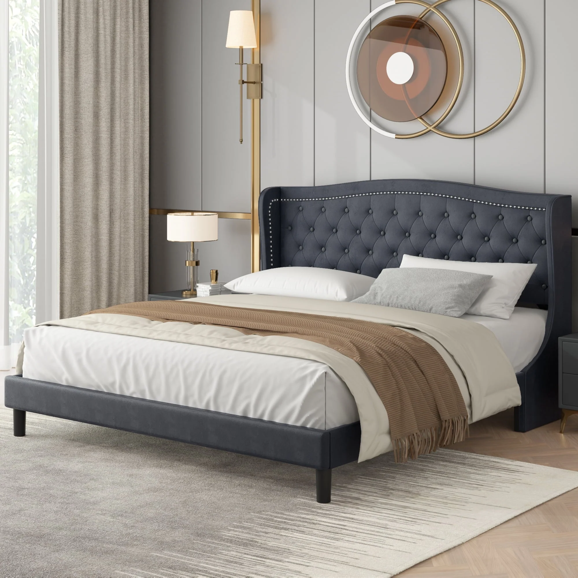 Homfa King Size Bed Frame, 6.3" H Modern Bed Frame with Wing-Back Button Tufted Upholstered Headboard Solid Wood Slats for Bedroom, Dark Gray(Full/Beige)