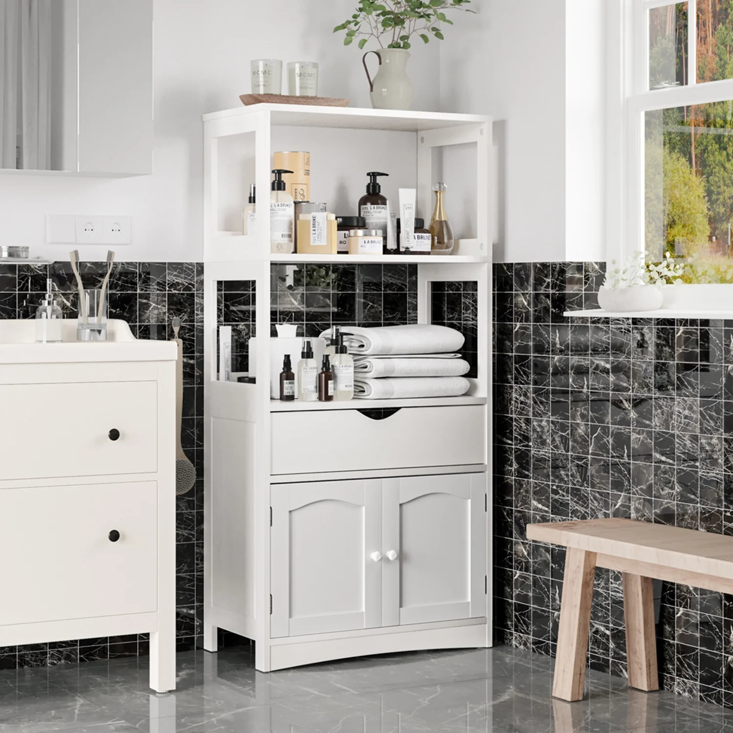 Sideboard Storage Cabinet with DrawerShelves, Kitchen Pantry Storage Cabinet with Microwave SpaceCupboard, Modern Freestanding Floor Bathroom Cabinet/Bookshelf for Home Office, White(WhiteDrawer) - Image 10
