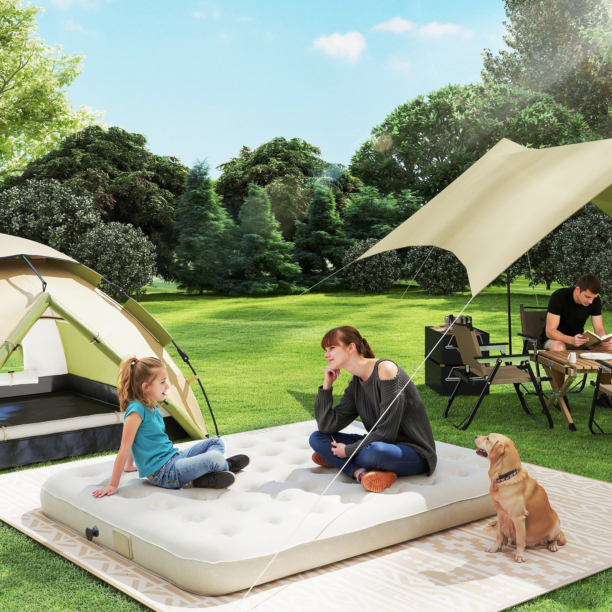 Outsunny Veldbed Kampeerbed met Luchtmatras en Pomp 200 x 153 cm Draagvermogen tot 200 kg Zwart+Khaki