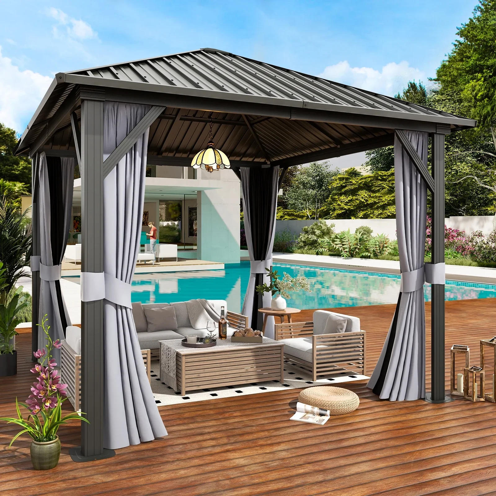 Aoxun 10x 10 Hardtop Gazebo, Outdoor Aluminum Frame Canopy with Netting and Curtain for Garden, Patio, Lawns, Gray