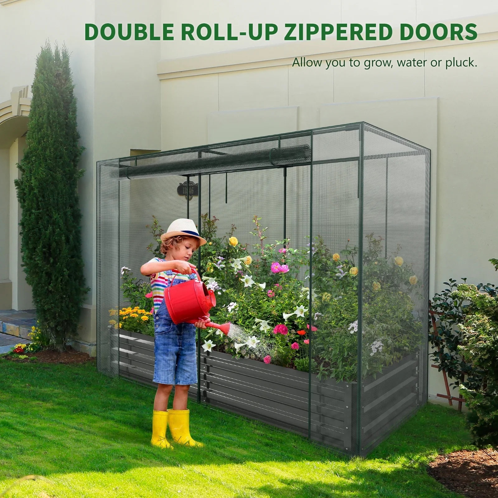 Slsy Galvanized Raised Garden Bed Kit w/Crop Cage Anti-Bird Netting Mesh Cover, 71 x 35.4 x 59 Large Metal Outdoor Planter Garden Boxes w/ 2 Roll-Up Zippered Doors, for Vegetables Herbs Flowers