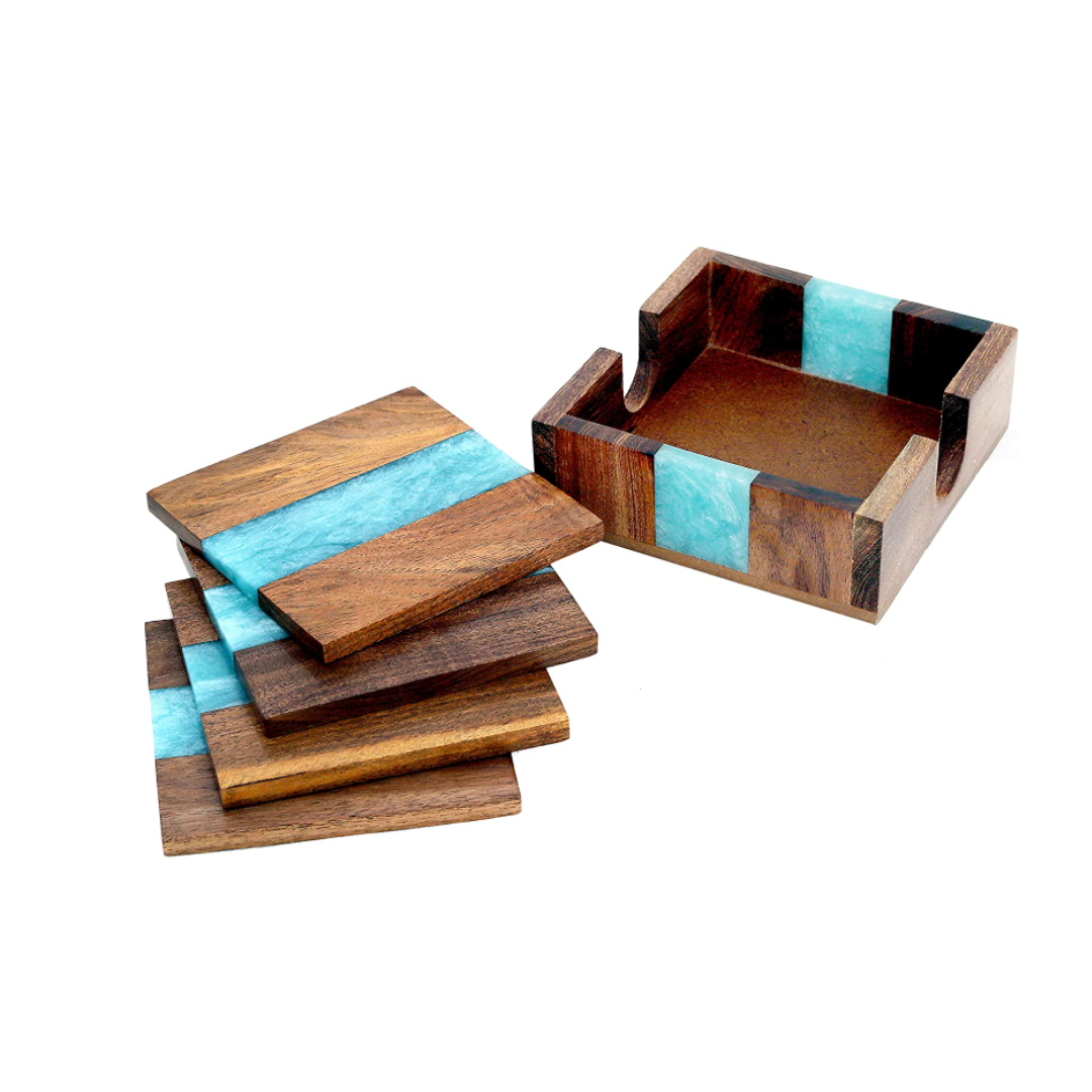 Olive Wood Square Coasters with Epoxy Resin River Design Eco-Friendly Europe Style Wood Resin Set