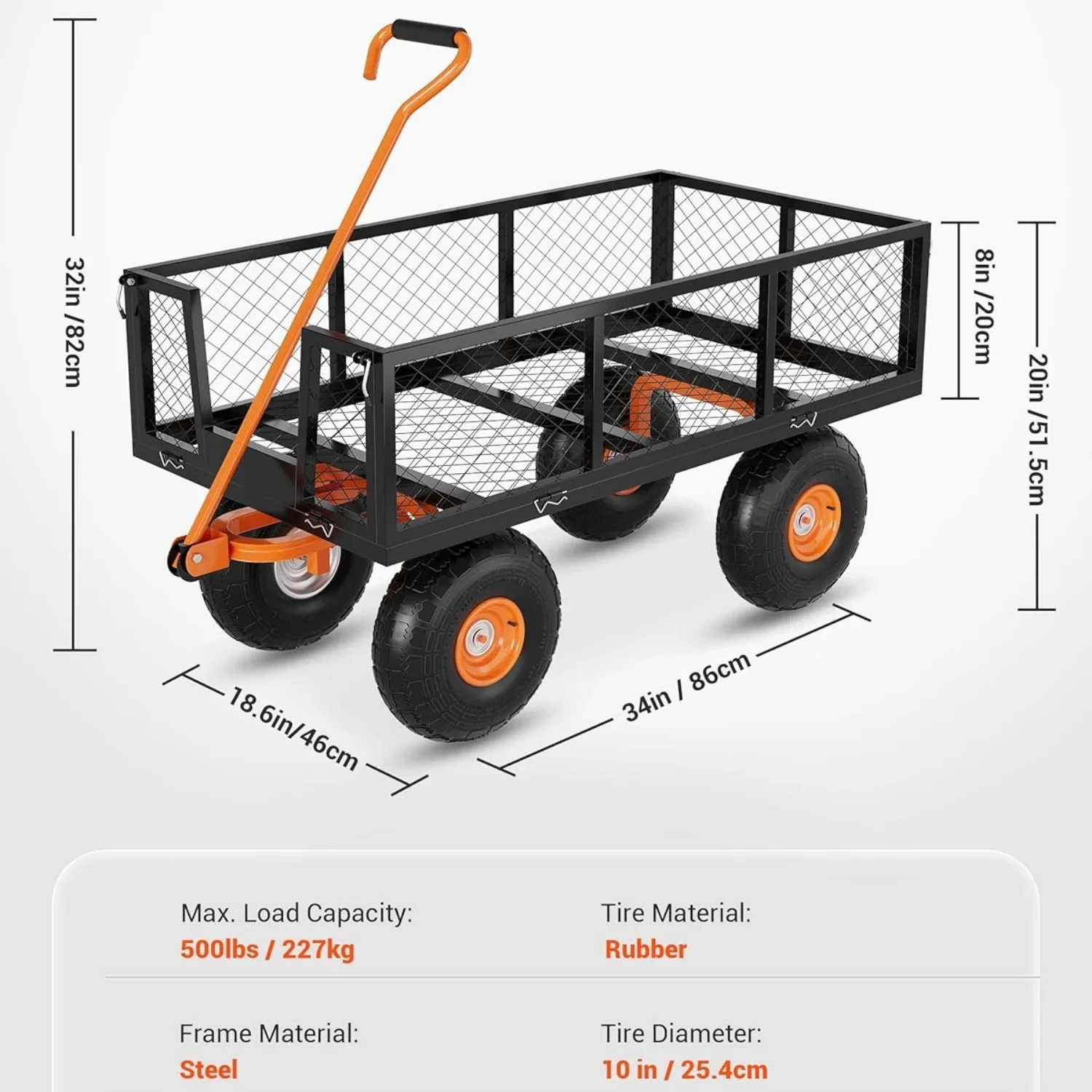 Riedhoff Steel Garden Cart with 10 Wheels, Heavy Duty, 500 LBS Capacity, Black & Orange