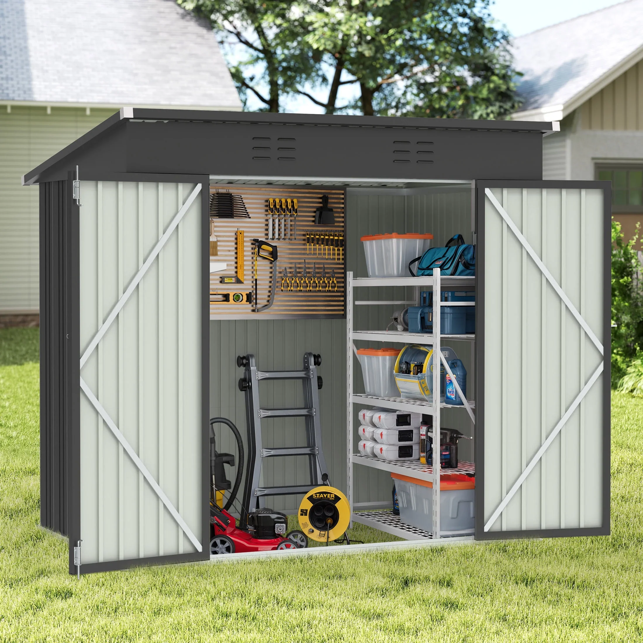 Sesslife 6x4 ft Outdoor Metal Steel Storage Shed with Sliding Roof & Lockable Door for Backyard, Garden, Gray