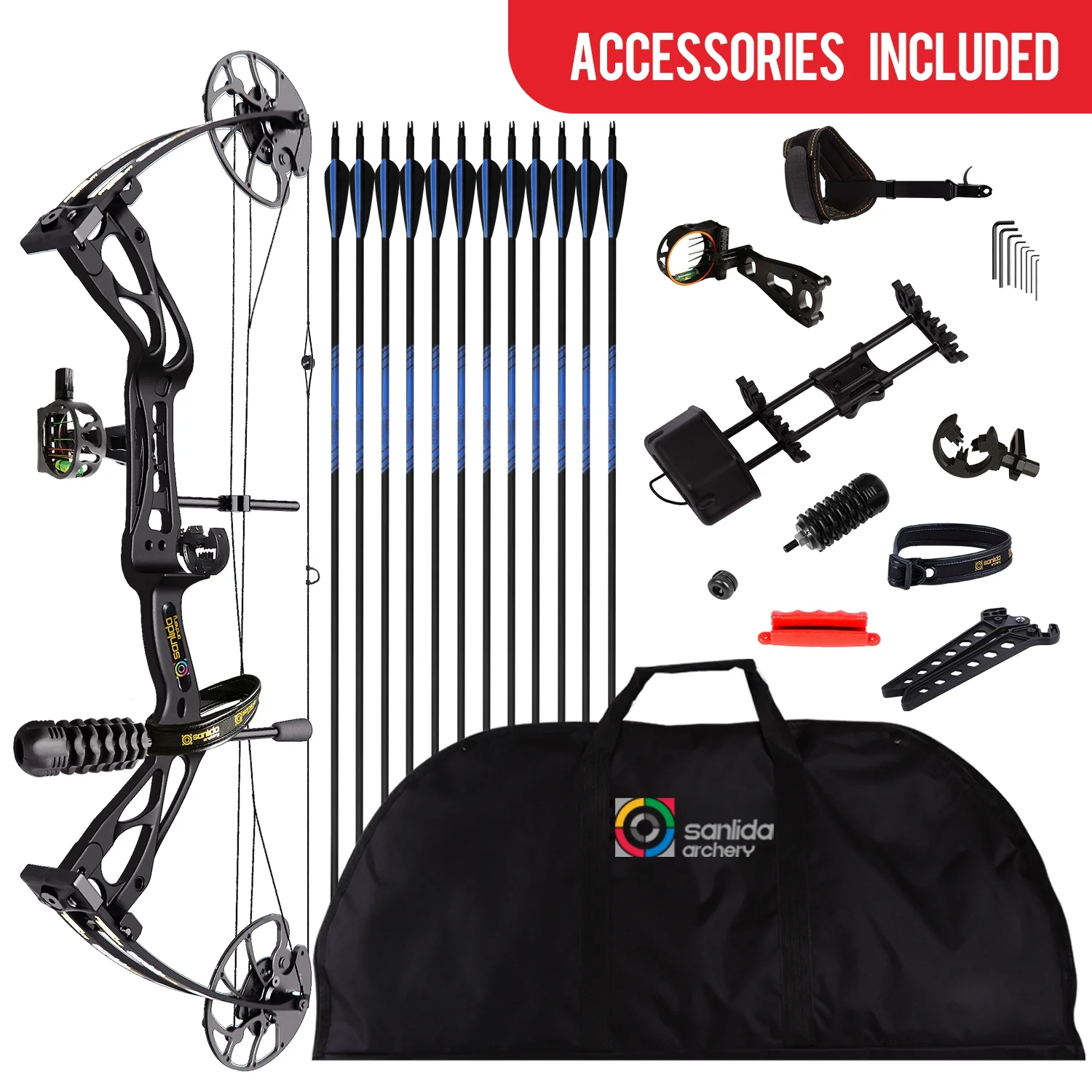 Sanlida Dragonx8 RTH Compound Bow Package, Black, Adjustable 18 - 31 Draw Length, 0 - 70 lb Draw Weight, 310 FPS