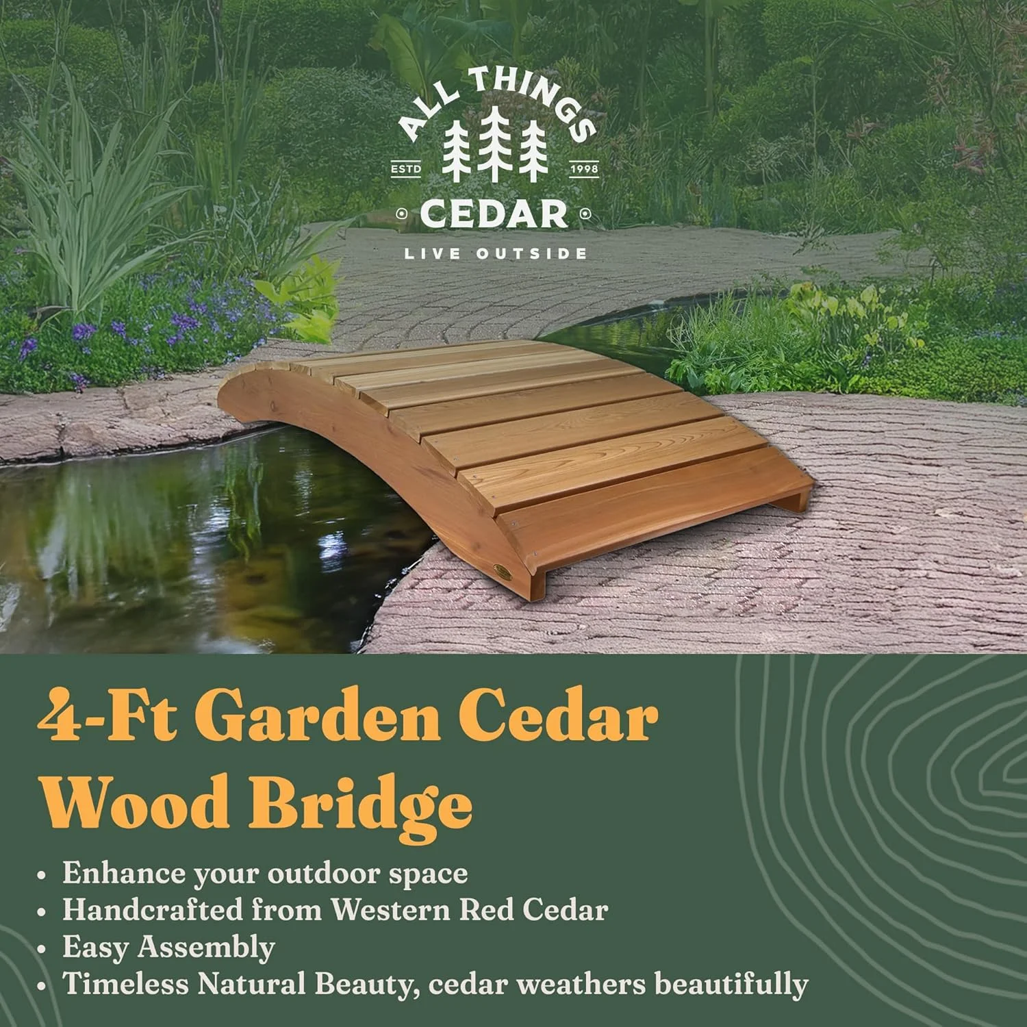Wooden Bridge, Outdoor Garden Walkway for Backyard Ponds, 4', Natural(4-FtBridge) - Image 3