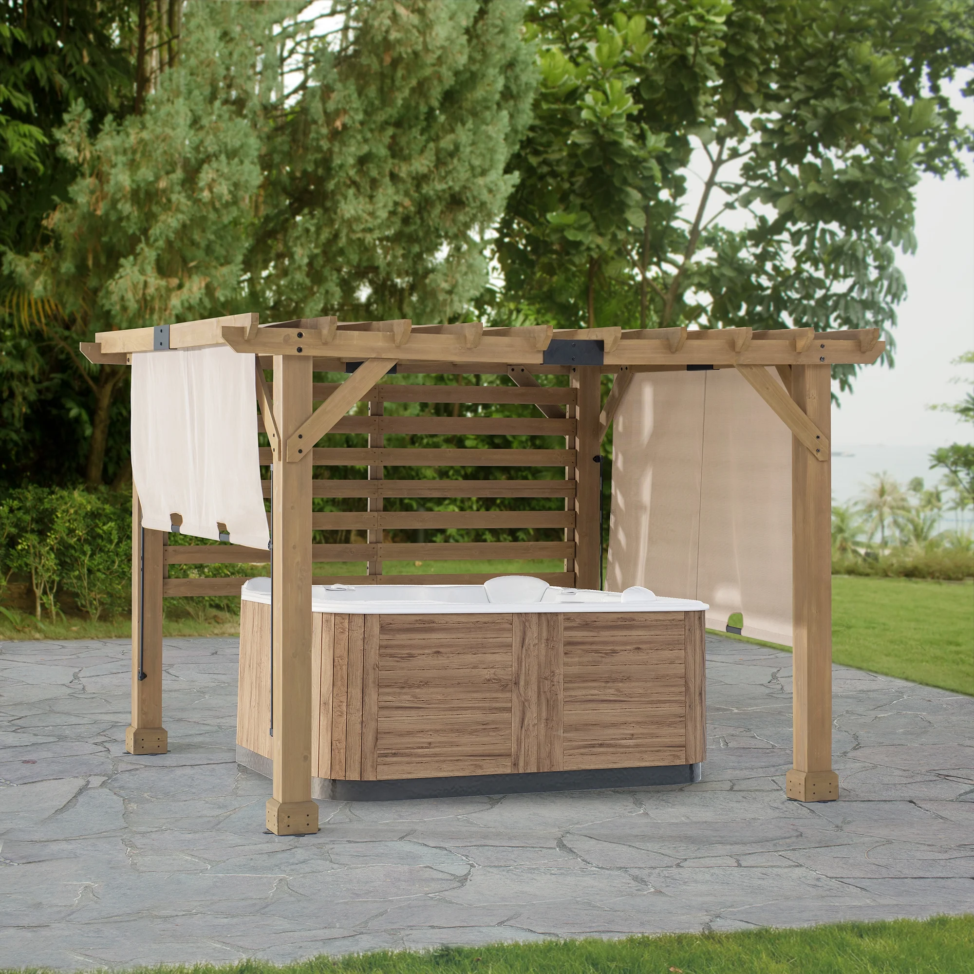 Sunjoy Cedar Pergola 10 x 11 Ft. Wooden Hot Tub Pergola with Adjustable Canopy and Privacy Screen