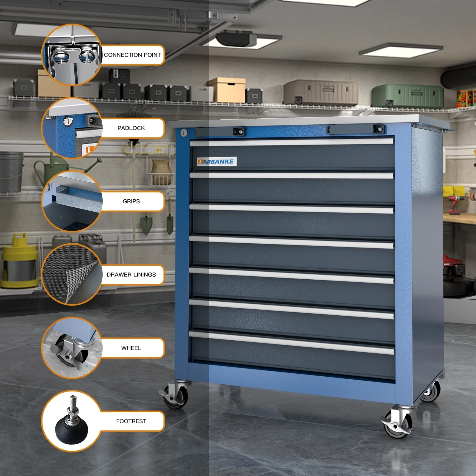 LARBANKE 5 Drawer Rolling Tool Chest, Metal Tool Cabinet with Wheels, Drawers with Padding, Can Be Combined