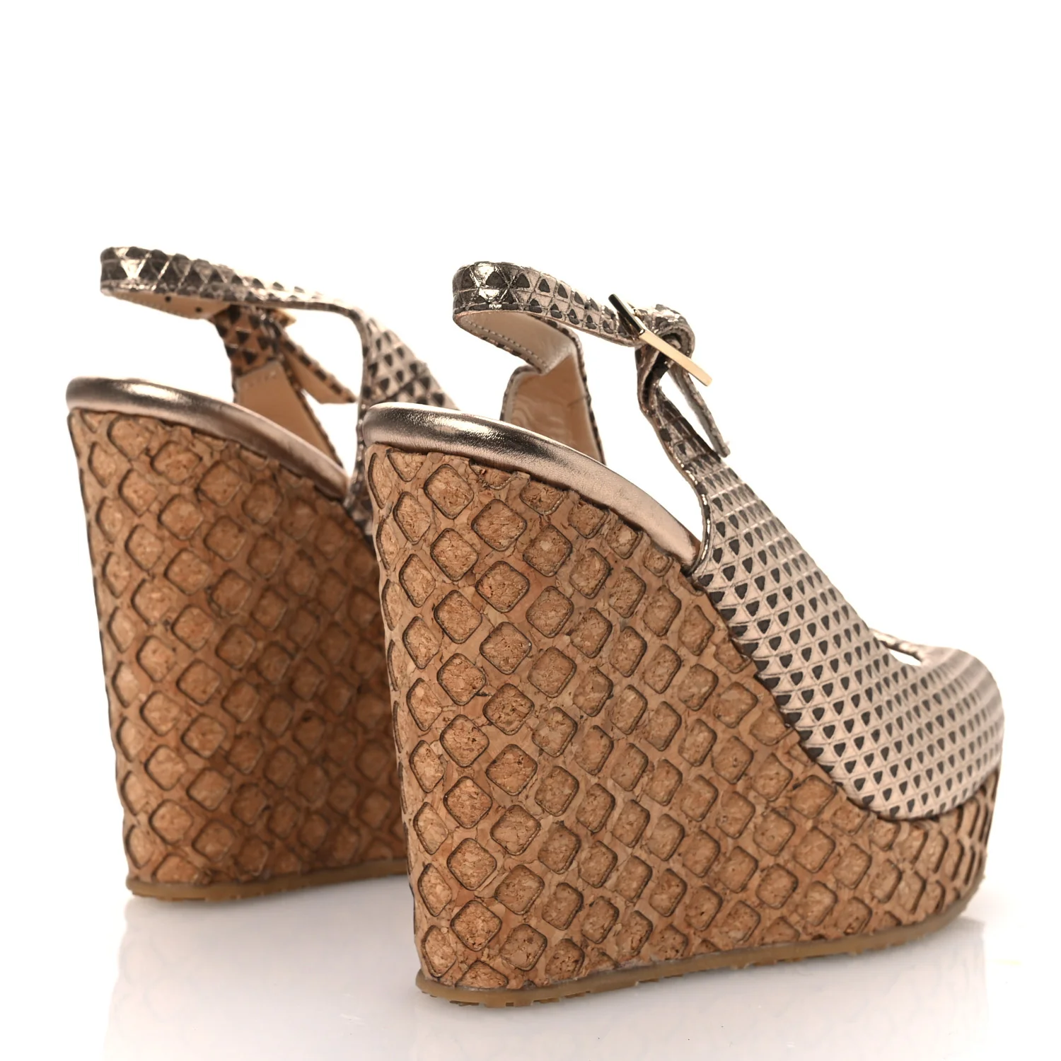 Metallic Embossed Calfskin Pacific 120mm Peep-Toe Cork Wedge Sandal 36 Gold