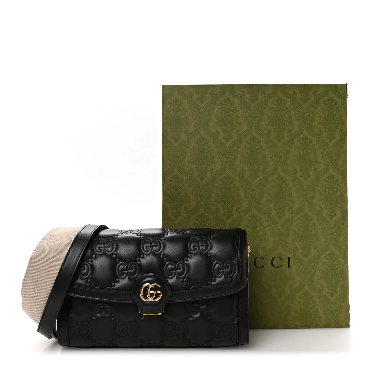Calfskin GG Matelasse Small Flap Shoulder Bag Black Natural