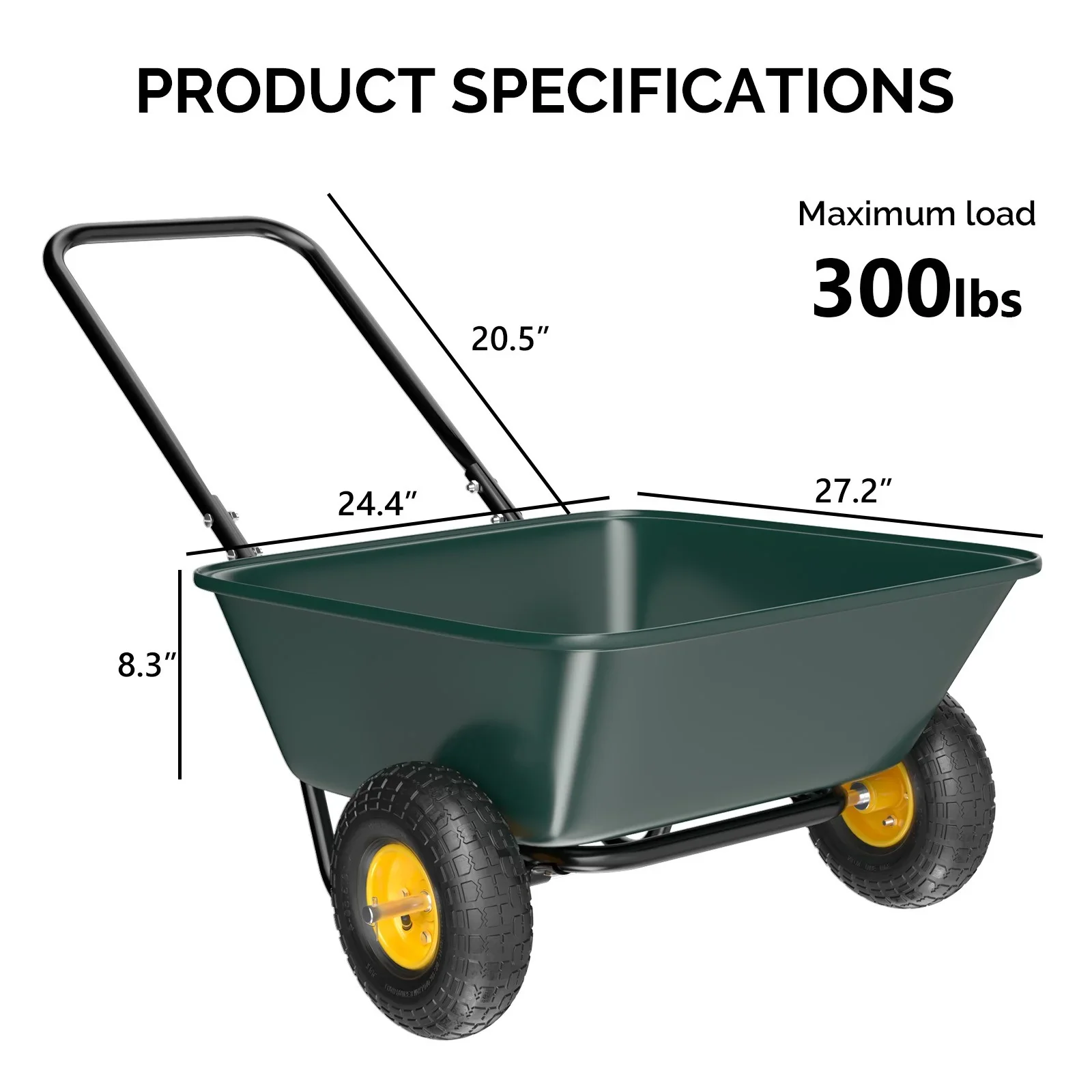 ZIRAV  2 Wheel Wheelbarrow, Plastic and Steel Wheel Barrel, 300lbs Capacity Garden Cart for Lawn, Gardening, Construction