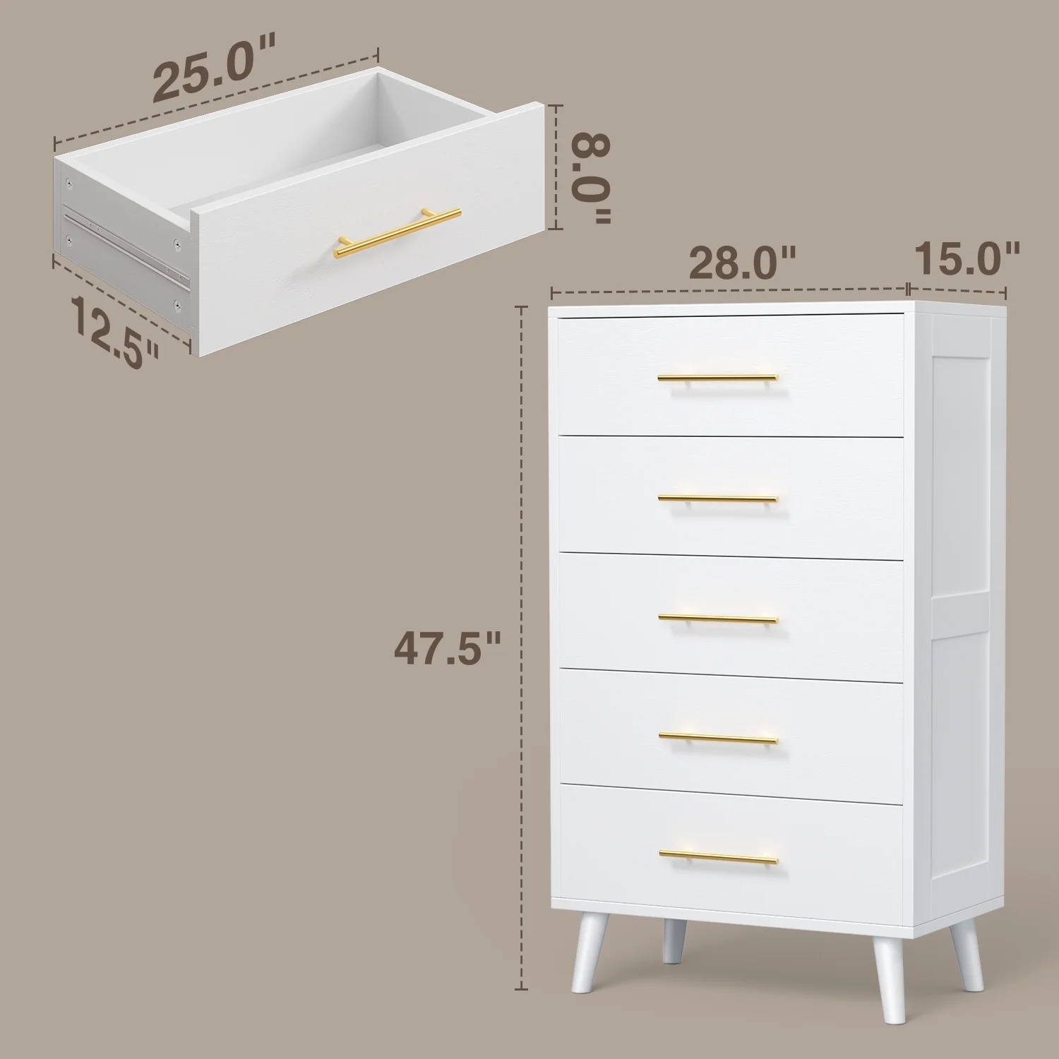 Bedroom Furniture Set Includes Queen Bed Frame, Nightstands Set of 2, 5-Drawer Dresser Vanity Desk Modern Storage Solution for Stylish Home Decor, Beige/White - Image 4