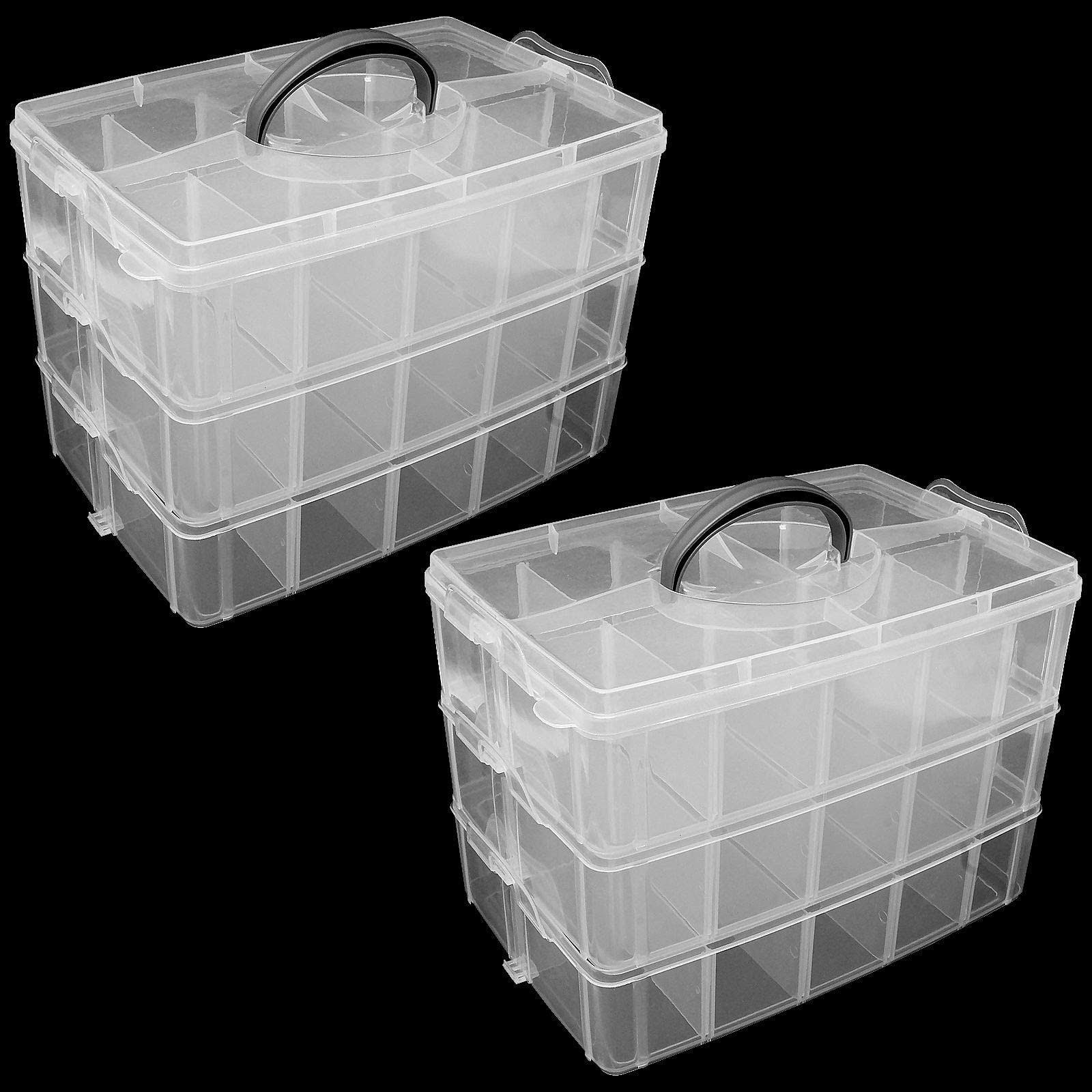 ZOEYES 2 Pack 3-Tier Stackable Storage Container Box, Crafts Storage Box with 30 Adjustable Compartments, Plastic Organizer Box for Arts and Crafts, Toy, Fus