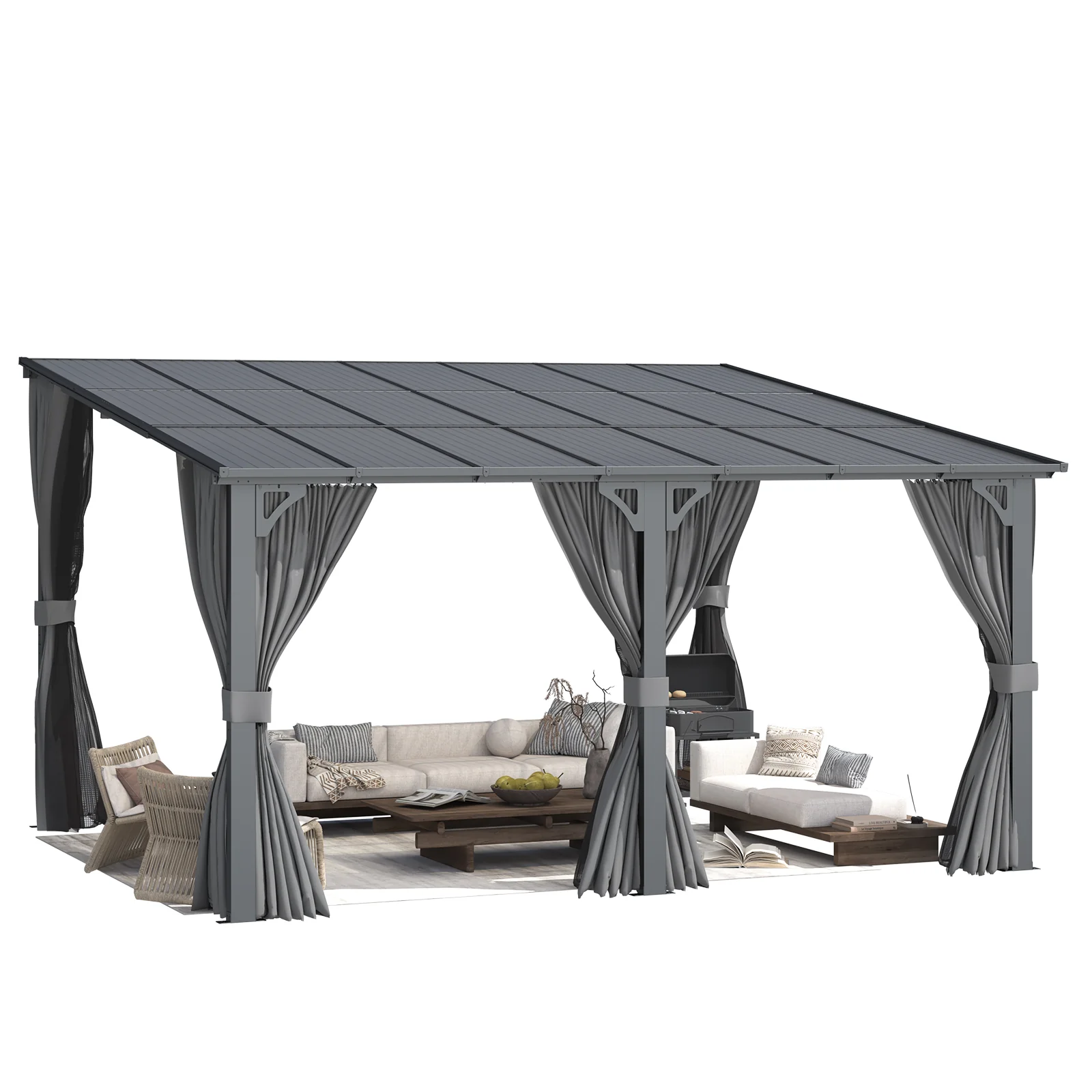 AECOJOY 14'x12' Wall Gazebo with Curtains and Mosquito Netting, Gray