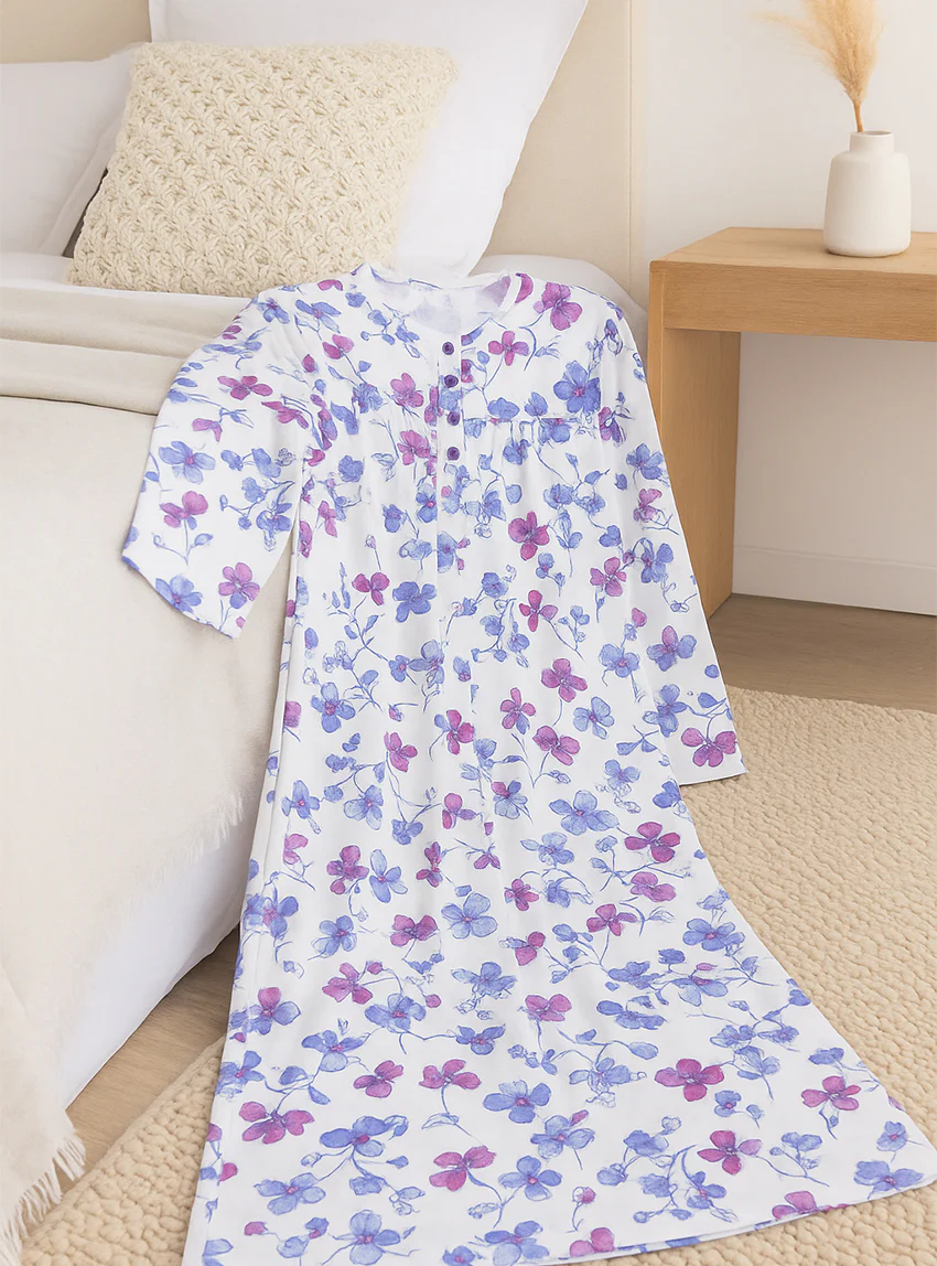 Chemise de nuit femme imprimée en coton bleuet