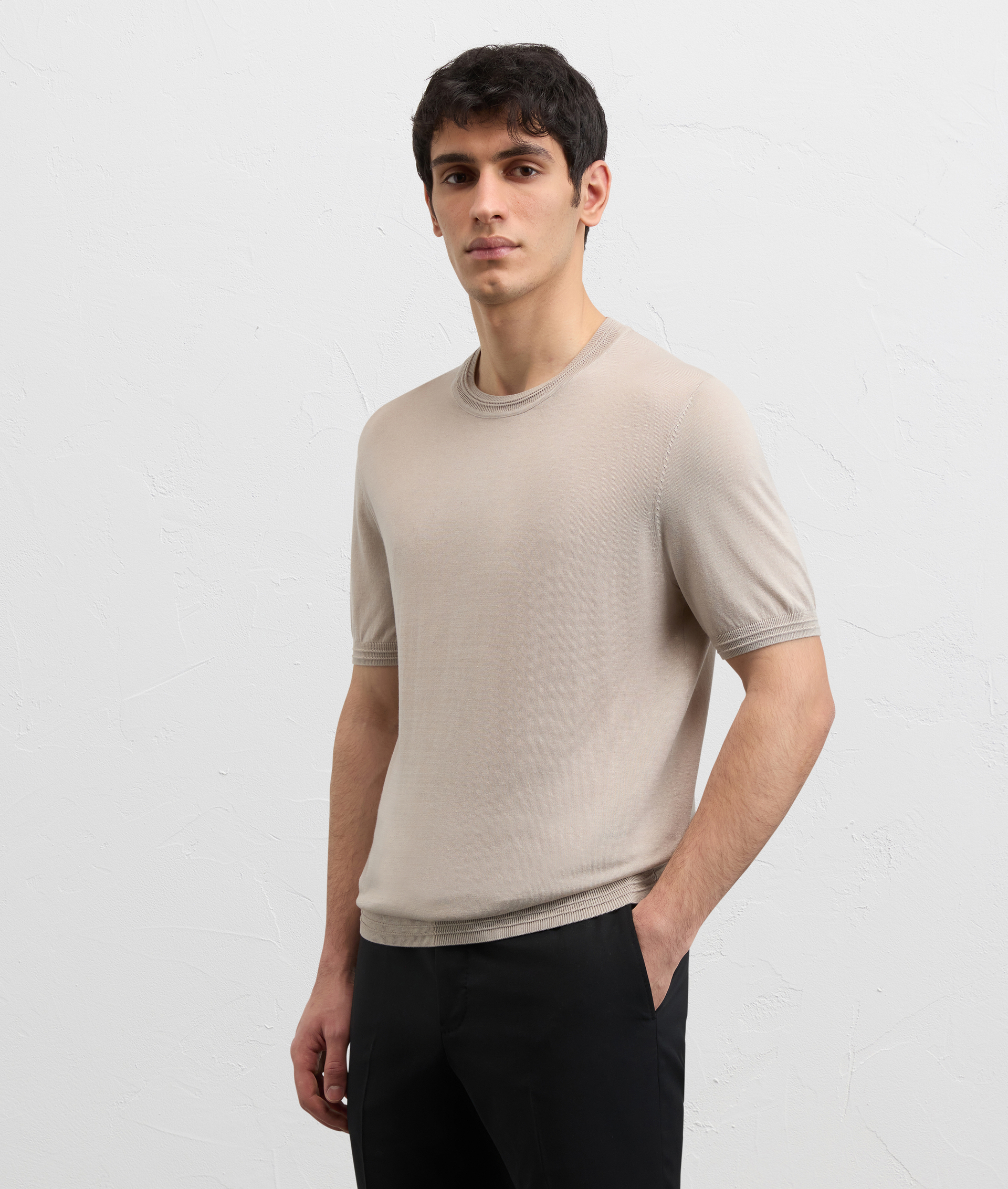 LIGHT GREY LYOCELL COTTON AND SILK JERSEY KNIT T SHIRT