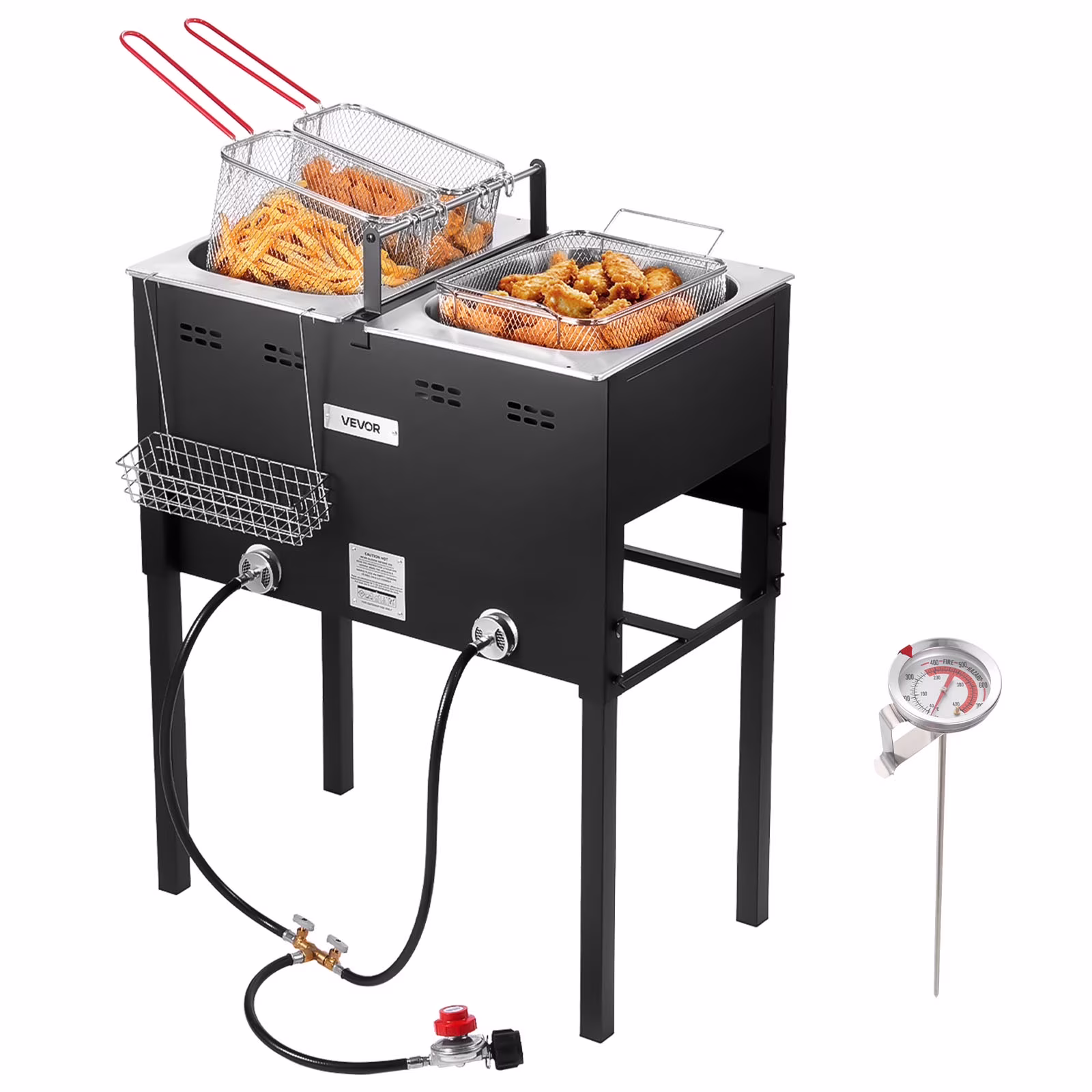 VEVOR Outdoor Propane Deep Fryer, Dual - Tank 16qtx2 Large Capacity Commercial Fryer, Stainless Steel Fish Cooker with 3 Basket, Thermometer, Floor Standing Fryers for Catering Event Camping, 50, 000 BTU