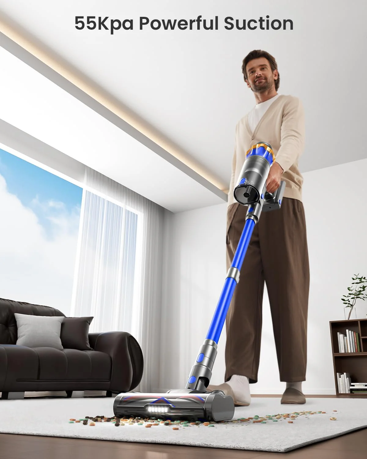 Aspirateur sans fil, version améliorée 650 W 55 kPa 70 min d'autonomie, avec support autoportant et écran tactile, aspirateur sans fil anti-nœuds, idéal pour la maison, les poils d'animaux, les tapis et les sols.